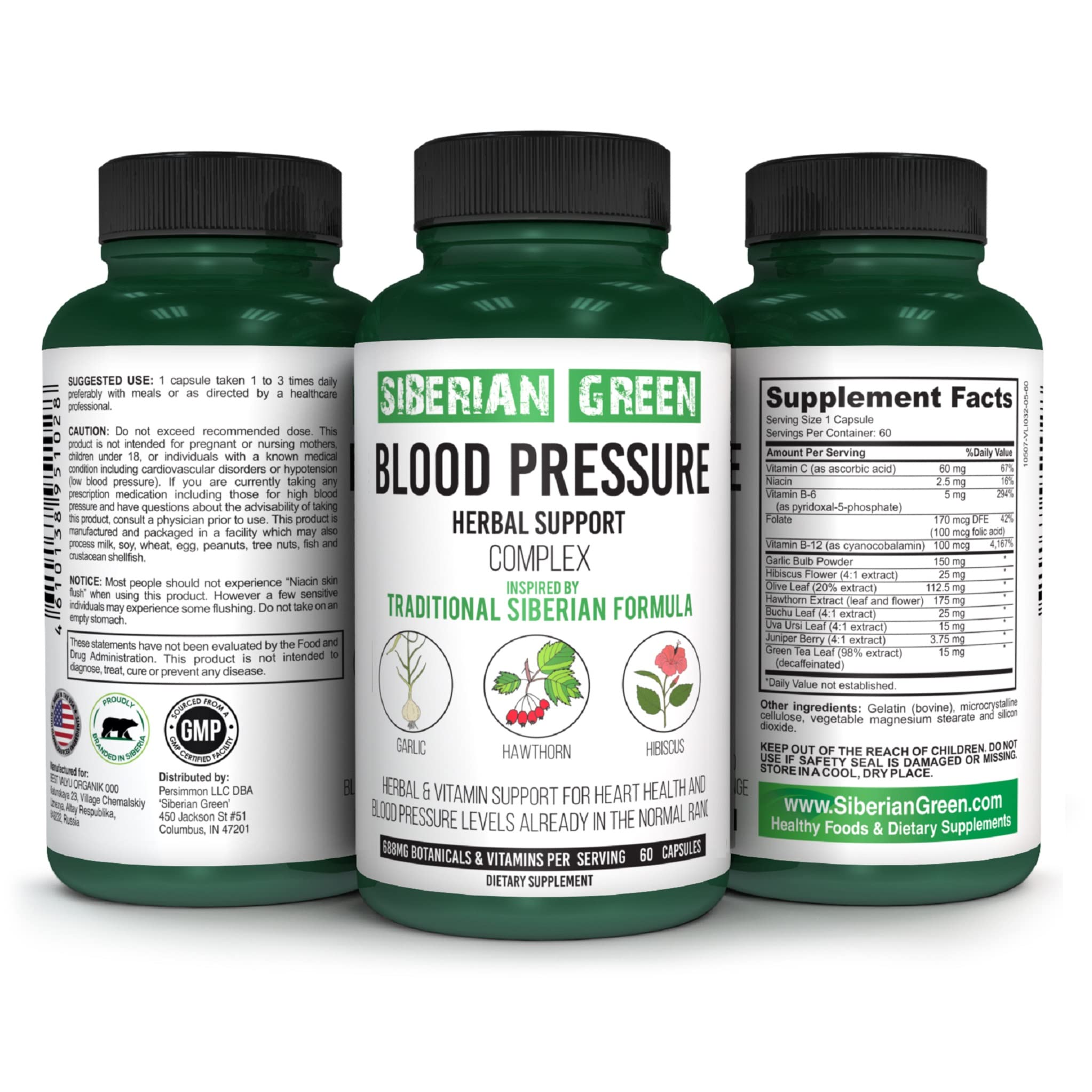 Traditional Siberian Herbal - Siberian Green Blood Cardio Pressure Support (60 Capsules) | Garlic, Hawthorn, Hibiscus