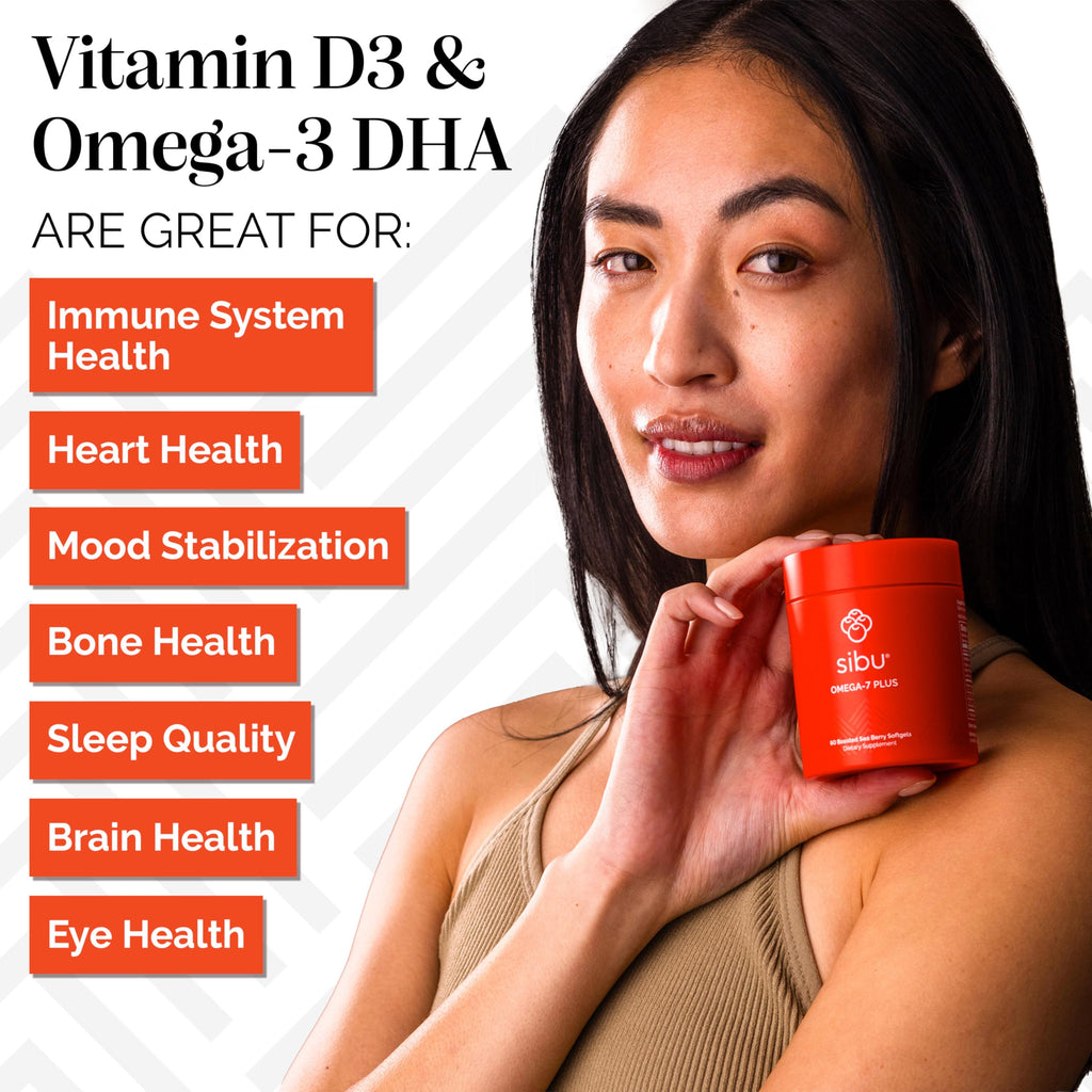 Sibu Sea Buckthorn Omega-7 Plus Softgels – 365mg Omega-7 + Vitamin D3 & Omega-3 DHA (30 Day Refill Sachet)