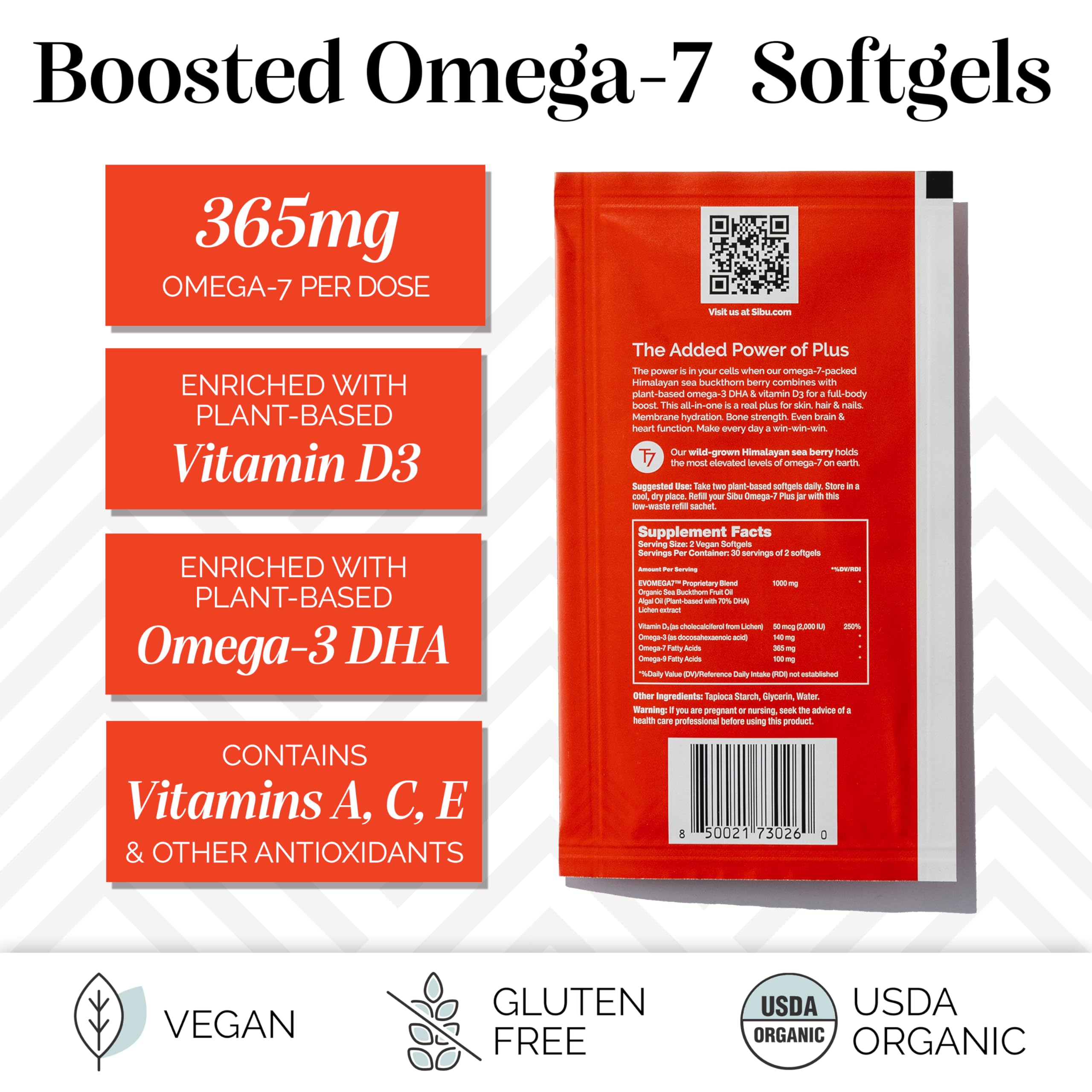 Sibu Sea Buckthorn Omega-7 Plus Softgels – 365mg Omega-7 + Vitamin D3 & Omega-3 DHA (30 Day Refill Sachet)