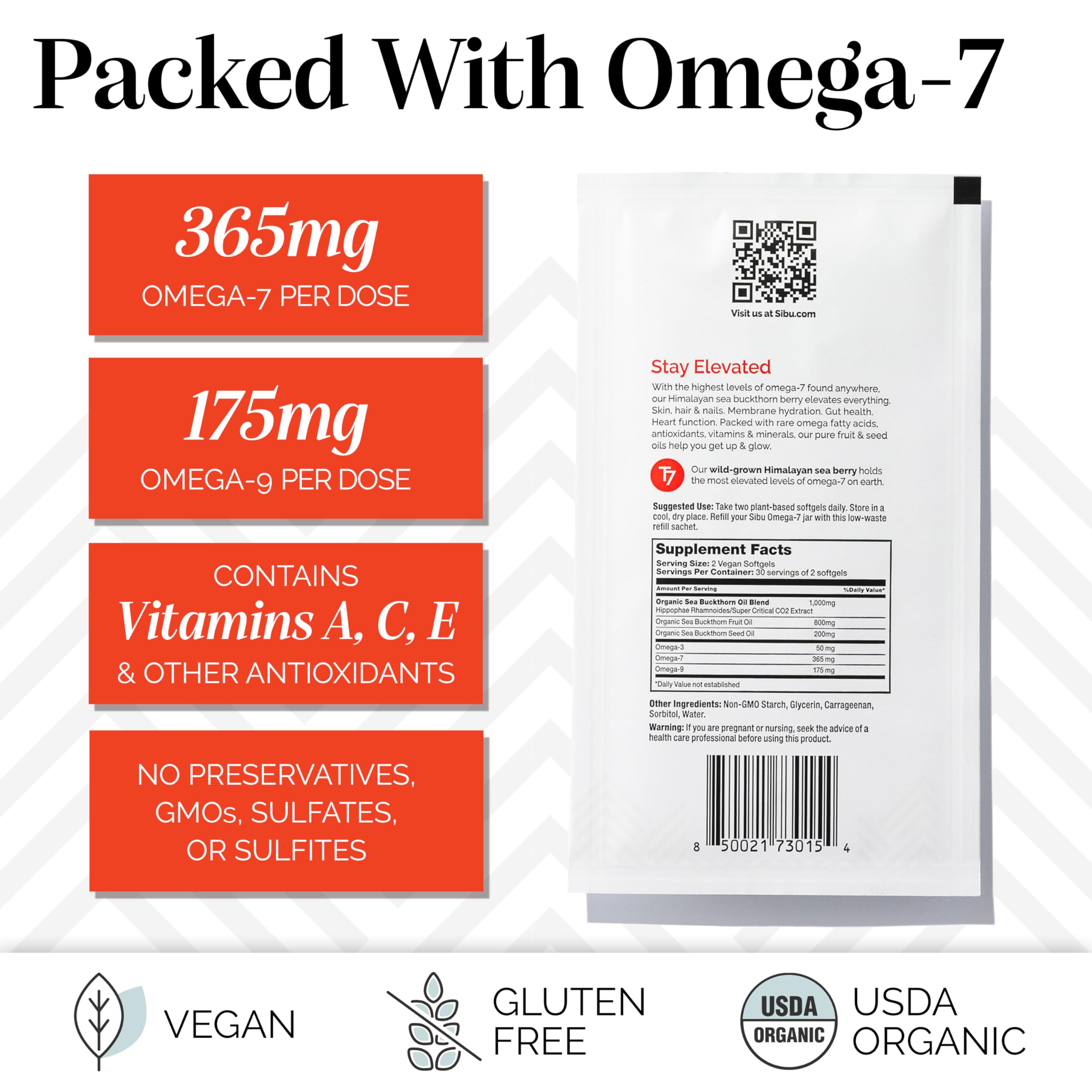 Sibu Sea Buckthorn Omega-7 Softgels – 90-Day Refill Sachet for Skin, Hair & Nails