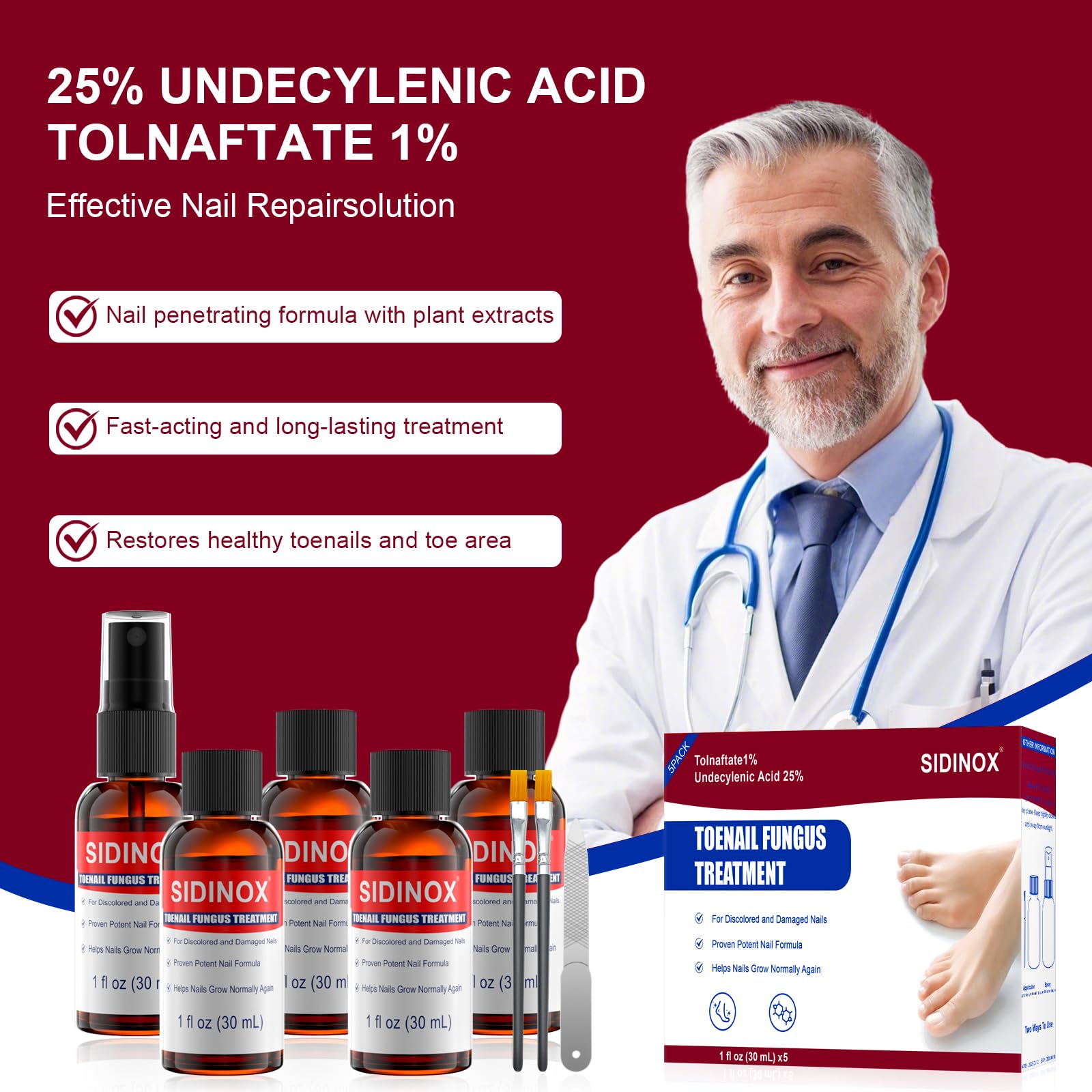 Sidinox Toenail Fungus Treatment Extra Strength with 25% Undecylenic Acid — 5 Pack