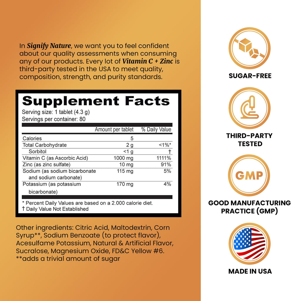 SIGNIFY NATURE Vitamin C 1000mg + Zinc - Effervescent Tablets (80CT) Sugar-Free & Vegan