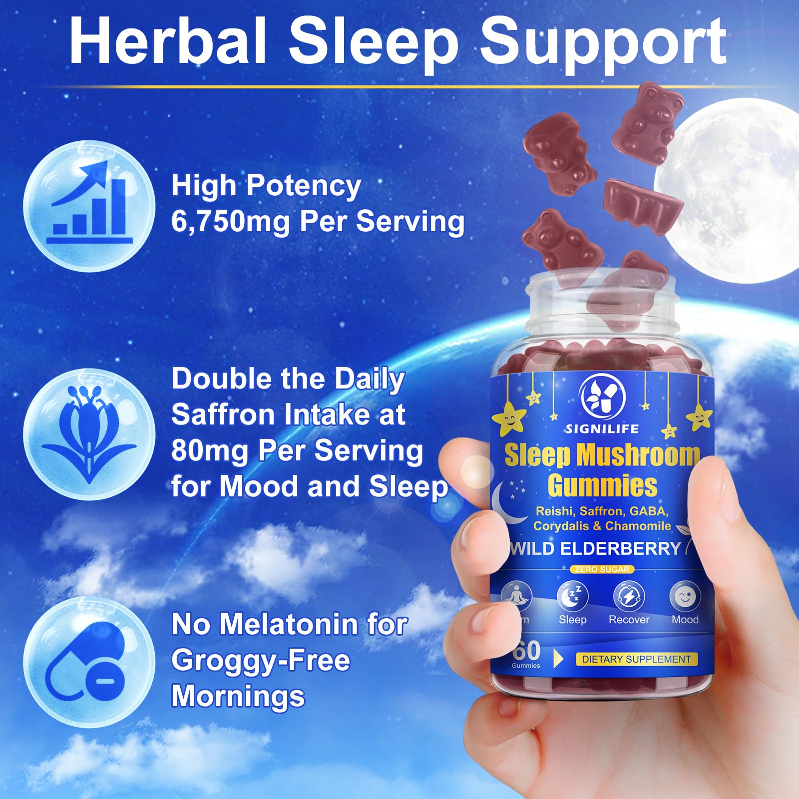 SIGNILIFE Sleep Mushroom Gummies with Reishi & Lions Mane – Natural Sleep Aid, Elderberry Flavor, Non-GMO, No Sugar, 60 Count