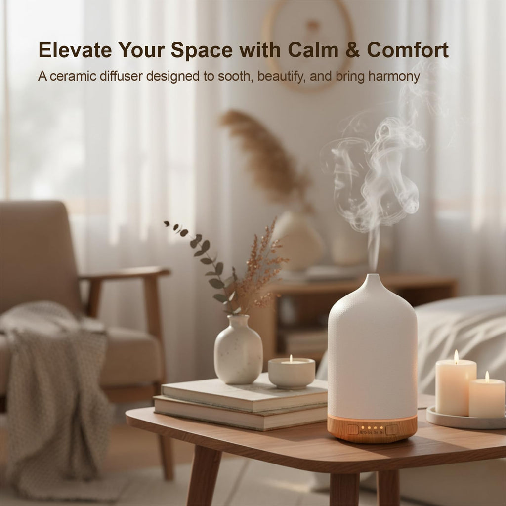 SIHUADON Ceramic Essential Oil Diffuser - 250ml Ultrasonic Humidifier, 7-Color Night Light & Timers