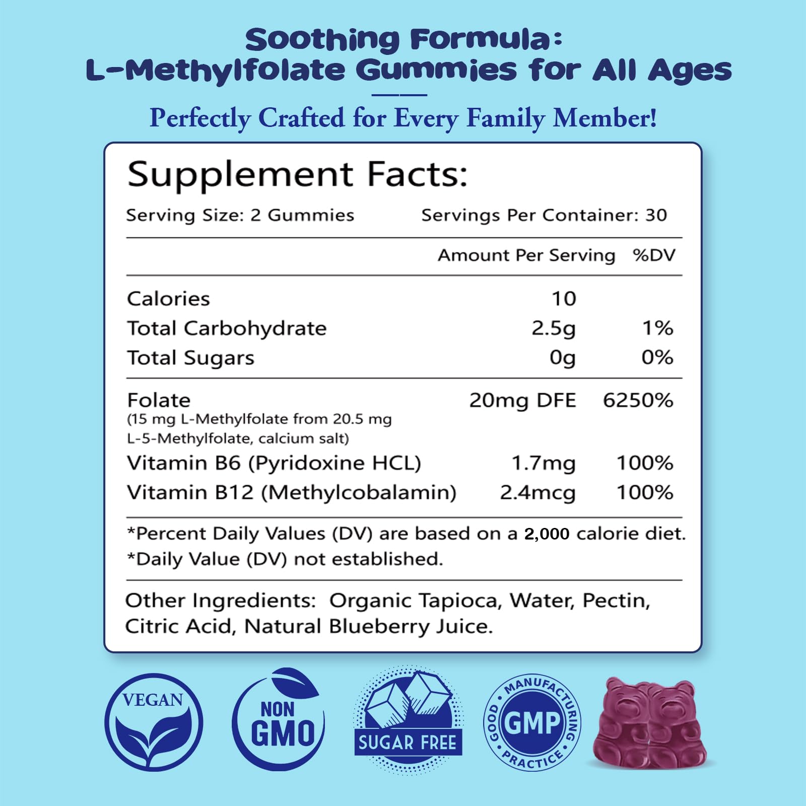 2 Pack Sijigood L-Methylfolate Gummies with Methyl B12 - Blueberry Flavor 120 Count