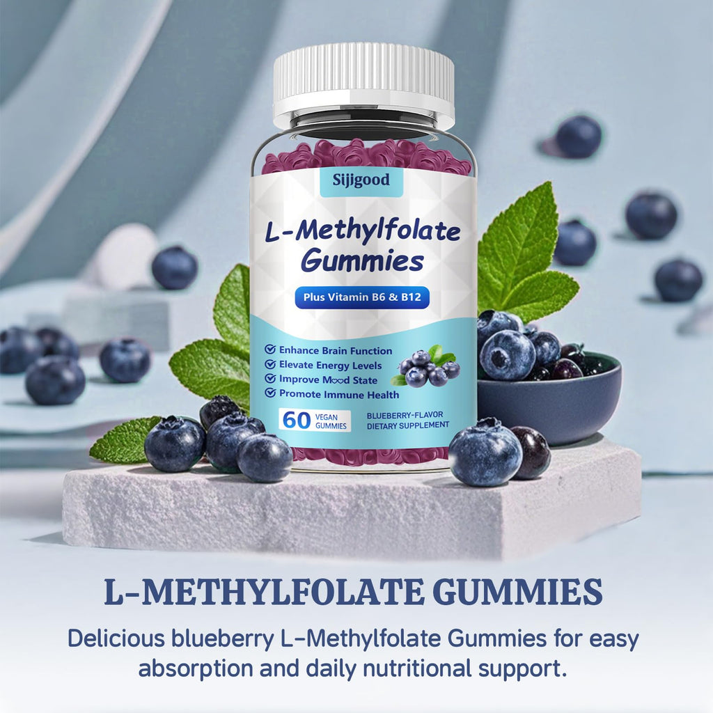 2 Pack Sijigood L-Methylfolate Gummies with Methyl B12 - Blueberry Flavor 120 Count