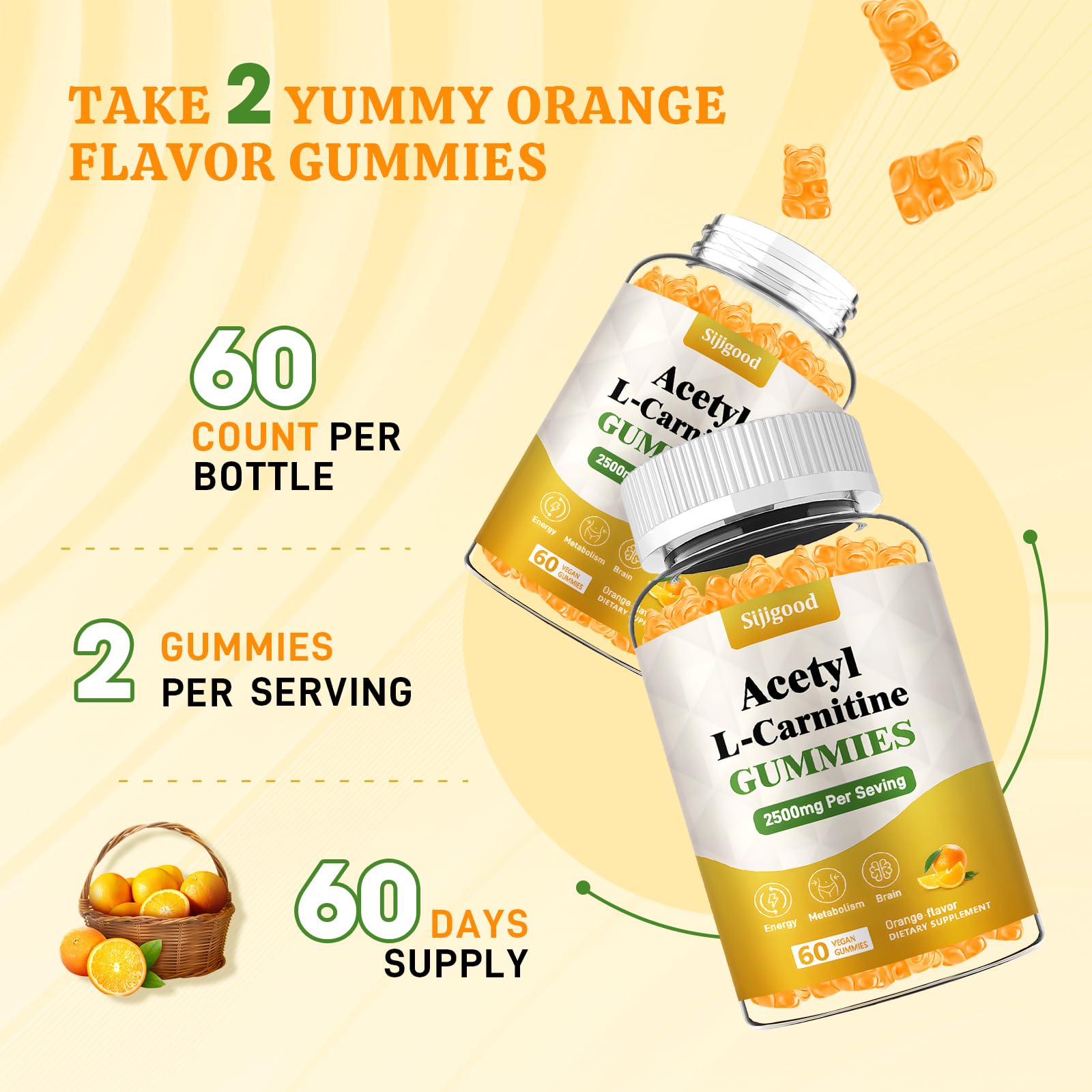 Sijigood 2 Pack Acetyl L-Carnitine Supplement – Natural Energy & Immunity (Orange, Vegan) 120 Count