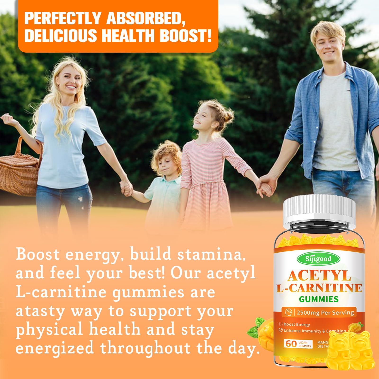 Sijigood 2 Pack Acetyl L-Carnitine Gummies – Energy, Focus & Immune Support (Mango Flavor, 120 Count)