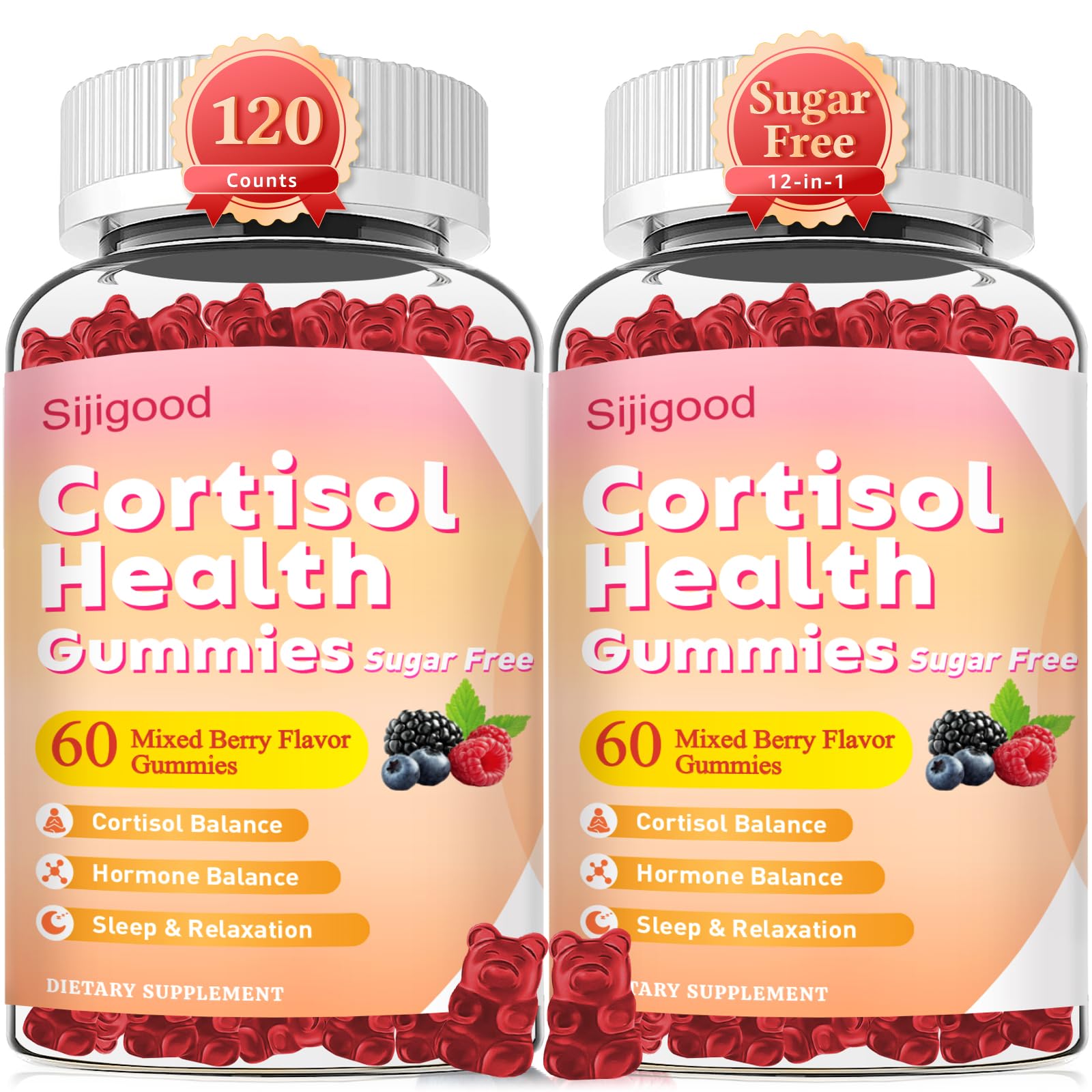 Sijigood Cortisol Gummies 2-Pack – Ashwagandha, Magnesium & L-Theanine (Mixed Berry, 120ct)