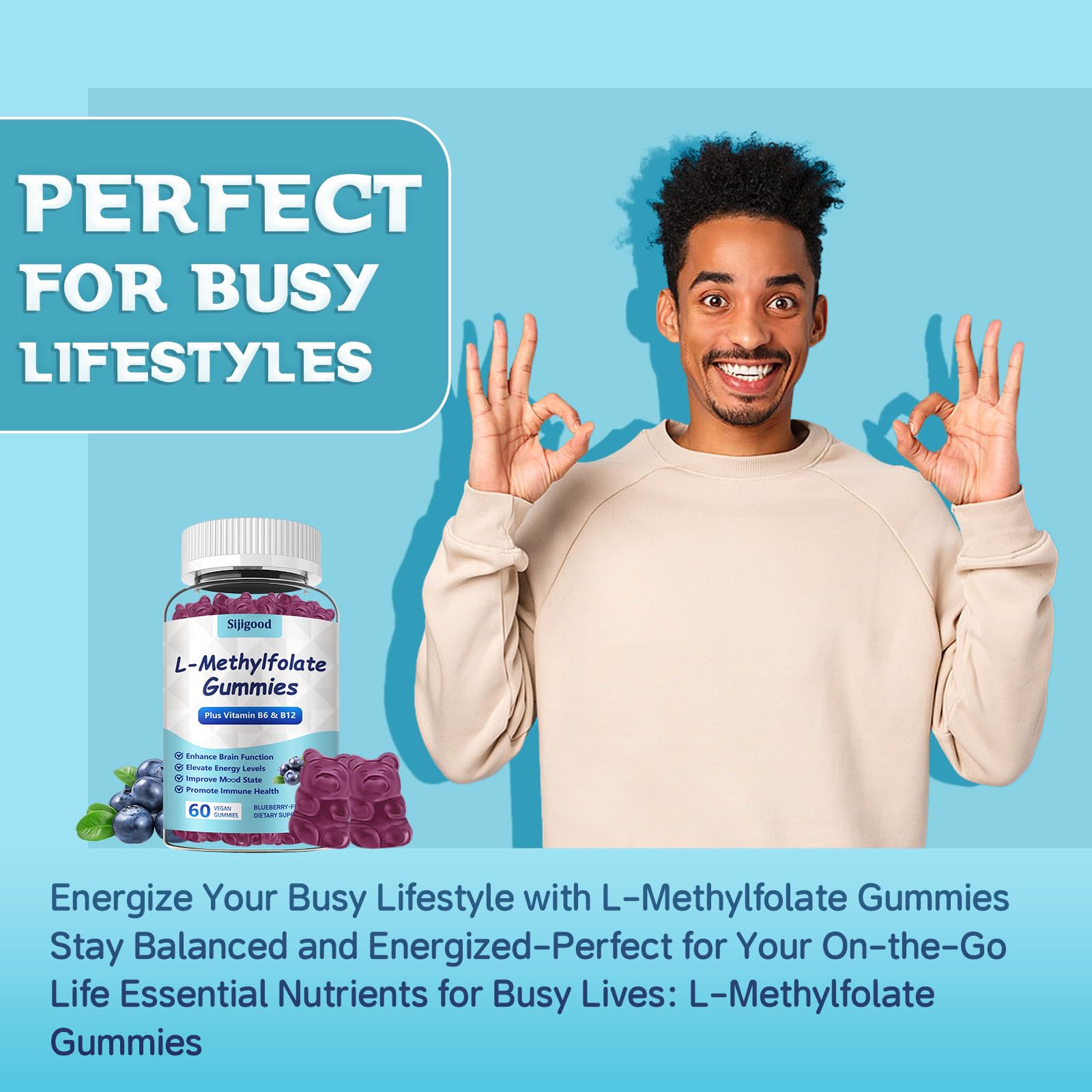 2 Pack Sijigood L-Methylfolate Gummies with Methyl B12 - Blueberry Flavor 120 Count