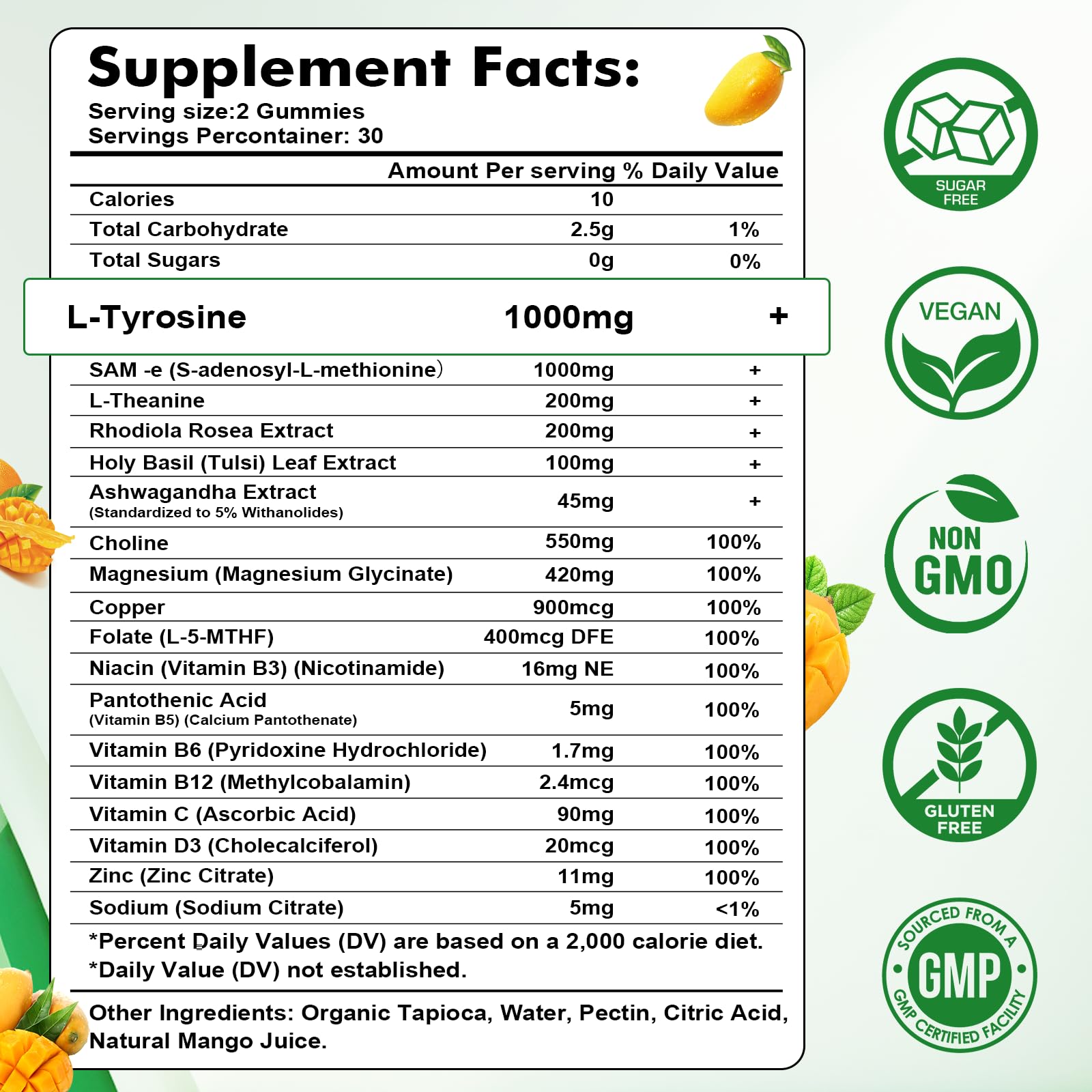 Sijigood L-Tyrosine Gummies - 1000mg Focus & Mood, Mango Flavor, 60 Count - Vegan & Gluten-Free