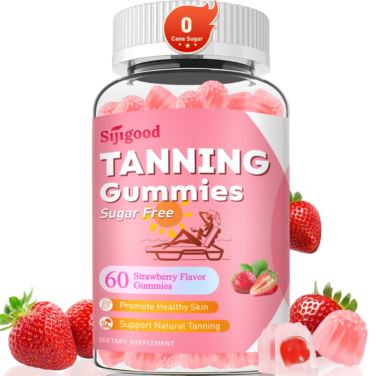 SijiGood Tanning Gummies - Sugar Free Self Tanning for Women & Men, Strawberry Flavor (60 Count)