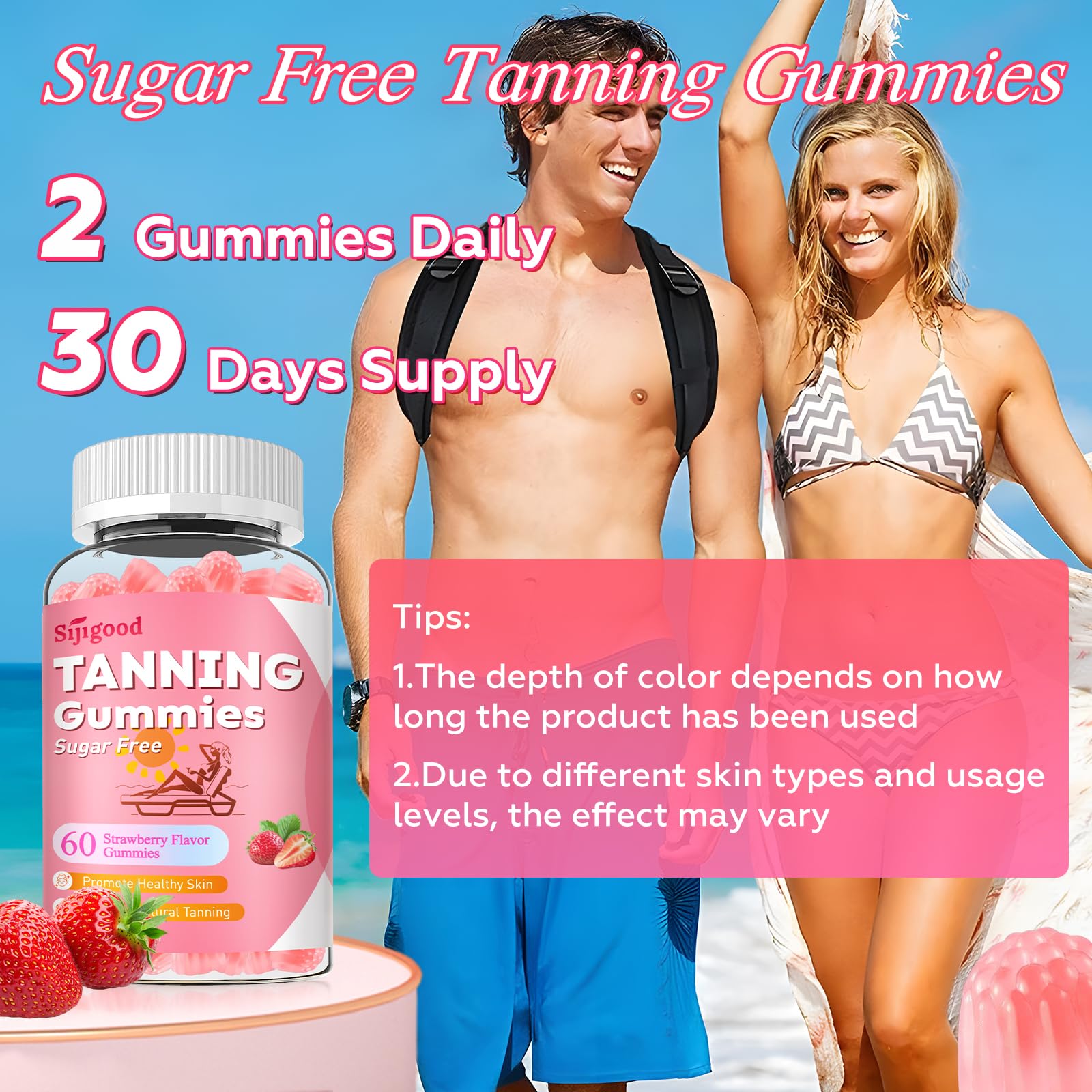 SijiGood Tanning Gummies - Sugar Free Self Tanning for Women & Men, Strawberry Flavor (60 Count)