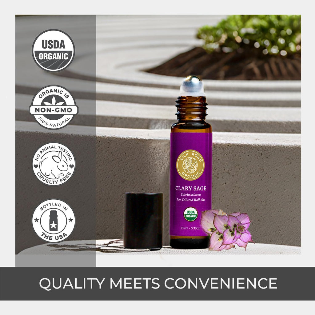 Silk Road Organic Clary Sage Essential Oil Roll-On – 100% Pure, USDA Organic, 10 ml