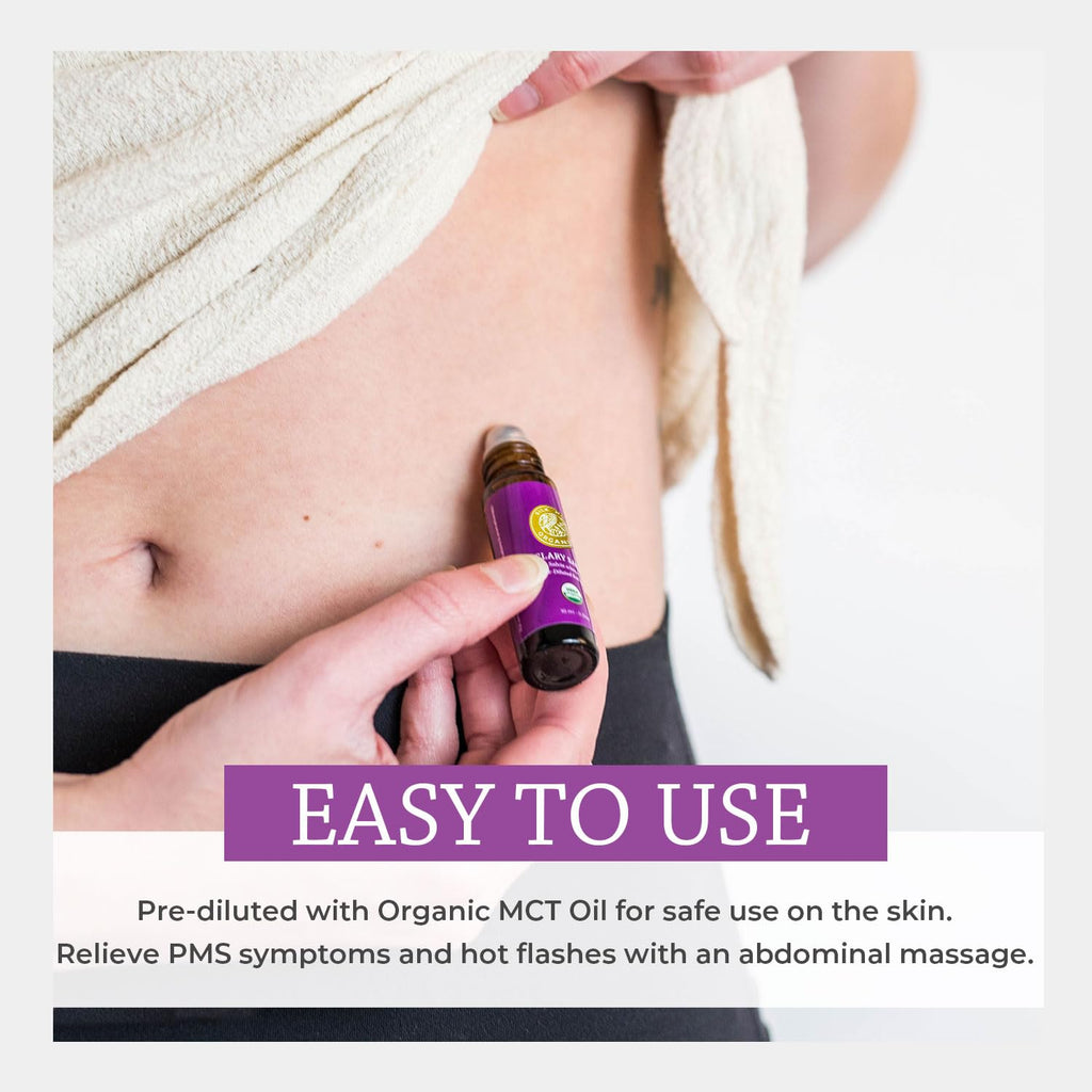 Silk Road Organic Clary Sage Essential Oil Roll-On – 100% Pure, USDA Organic, 10 ml