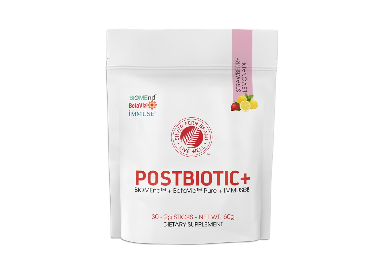 Silver Fern Postbiotic+ Strawberry Lemonade Powder – BIOMend™, BetaVia™, Immuse® – 30 Stick Packs