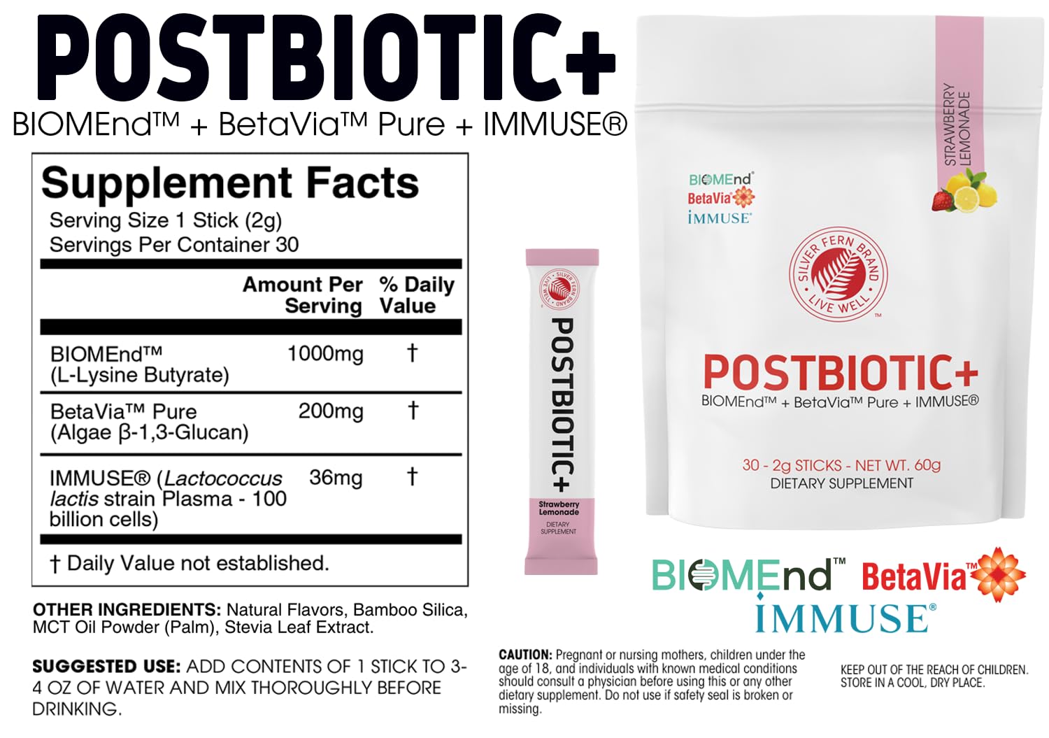 Silver Fern Postbiotic+ Strawberry Lemonade Powder – BIOMend™, BetaVia™, Immuse® – 30 Stick Packs