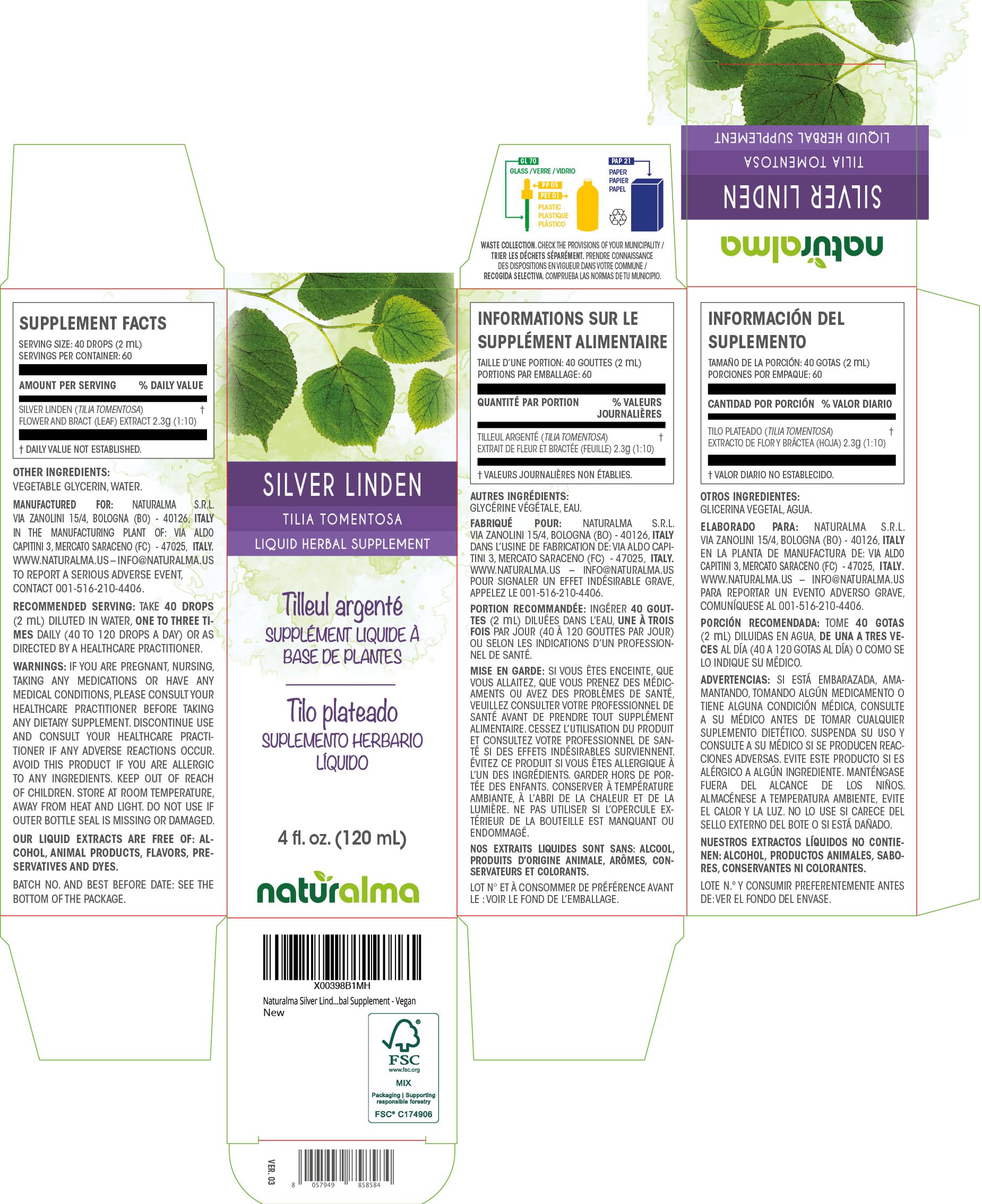Silver Linden Tincture (Tilia tomentosa) - Alcohol-Free Drops (4 oz)