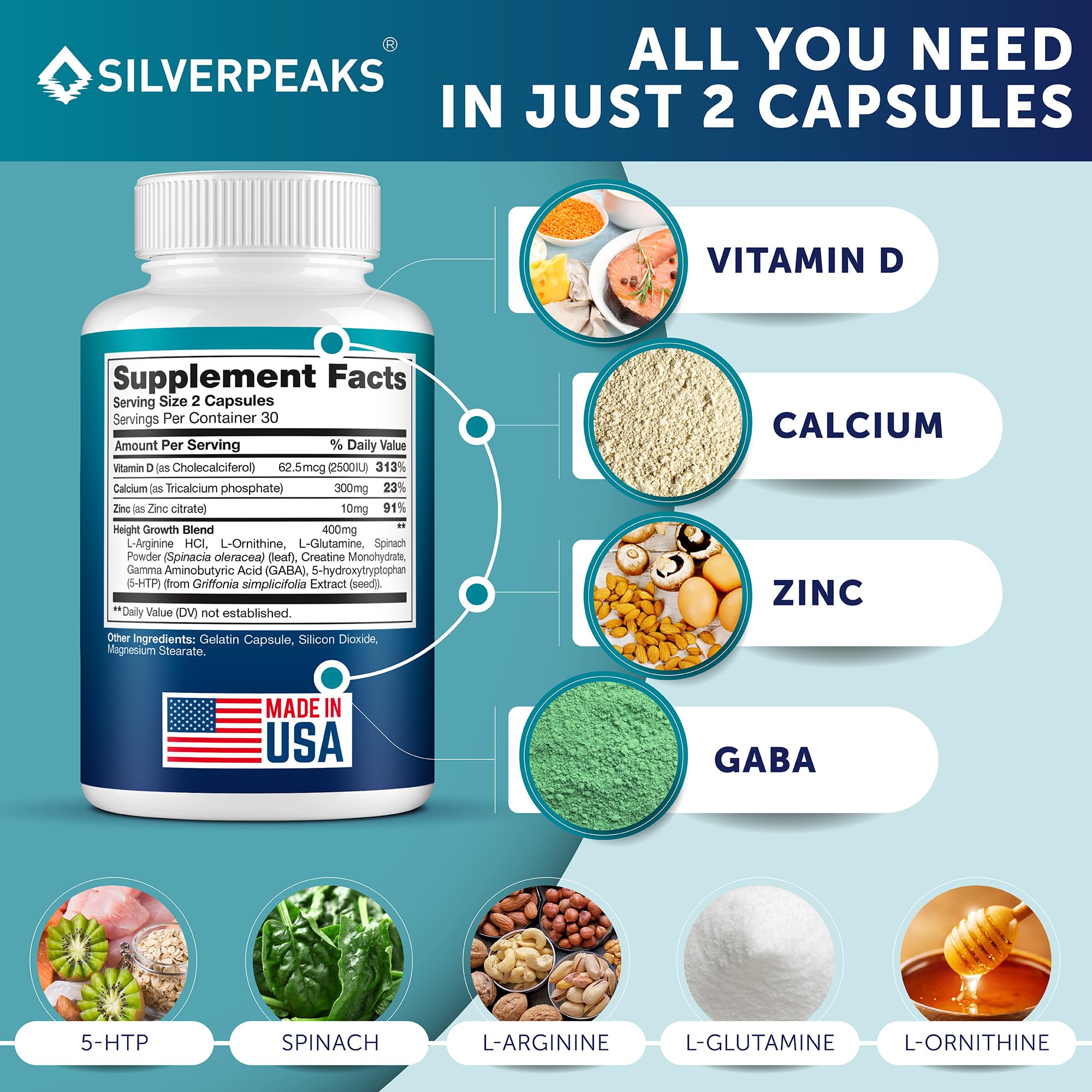 Silverpeaks Growth Capsules - Height Growth Maximizer with Calcium | Made in USA