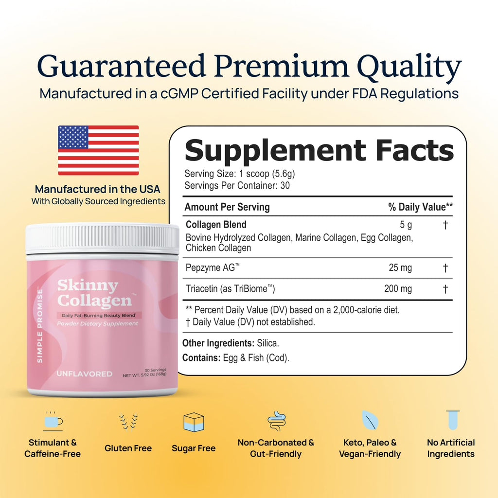 Simple Promise Skinny Collagen – Unflavored Multi-Collagen Peptides (30 Servings) for Weight Goals