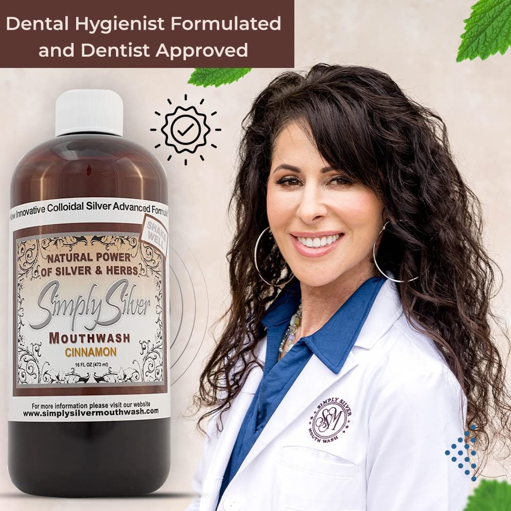 Simply Silver Mouthwash Cinnamon Flavor - All-Natural Colloidal Silver, Patent Pending, Alcohol & Fluoride Free, 16 oz