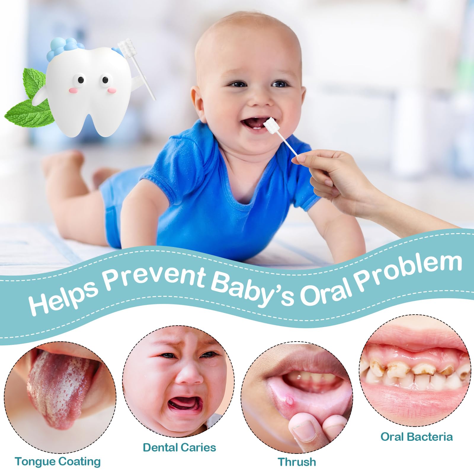 Singhoow 200Pcs Baby Tongue Cleaners + 4 Finger Toothbrushes - Disposable Gauze (Blue)