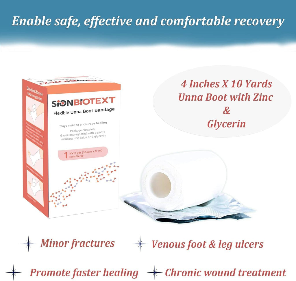 Sion Biotext Unna Boot Zinc Oxide Compression Bandage – 4in x 30ft, Moist Healing, Latex-Free