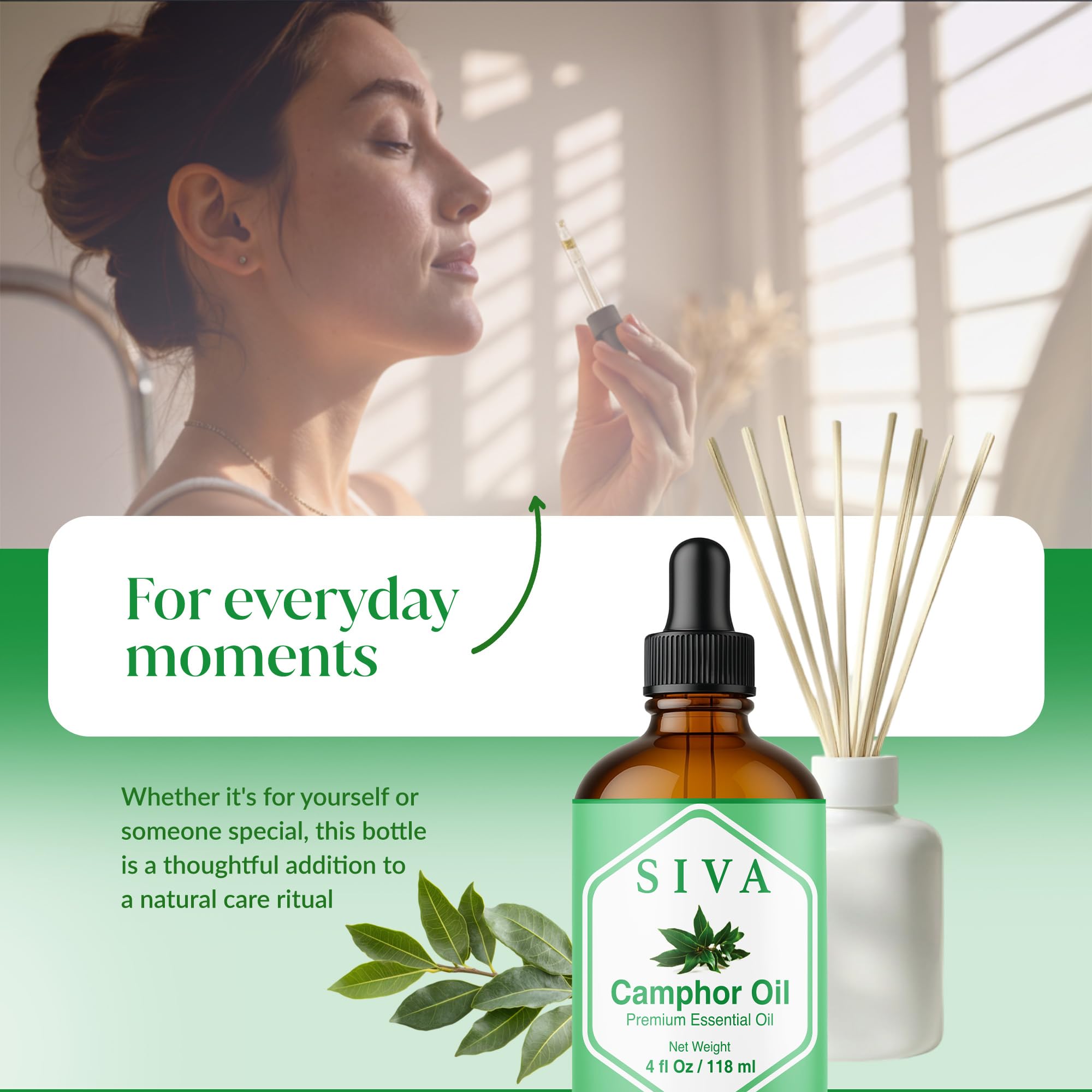 Siva Camphor Essential Oil - 4 Fl Oz | 100% Natural Camphor Oil with Dropper for Diffuser, Skin, Hair & Aromatherapy