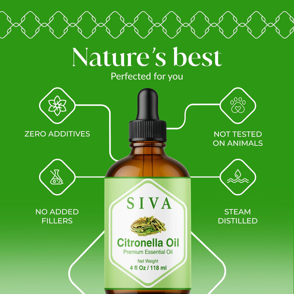Siva Citronella Essential Oil 4oz - 100% Natural | Diffuser, Skin & Hair Care | With Dropper