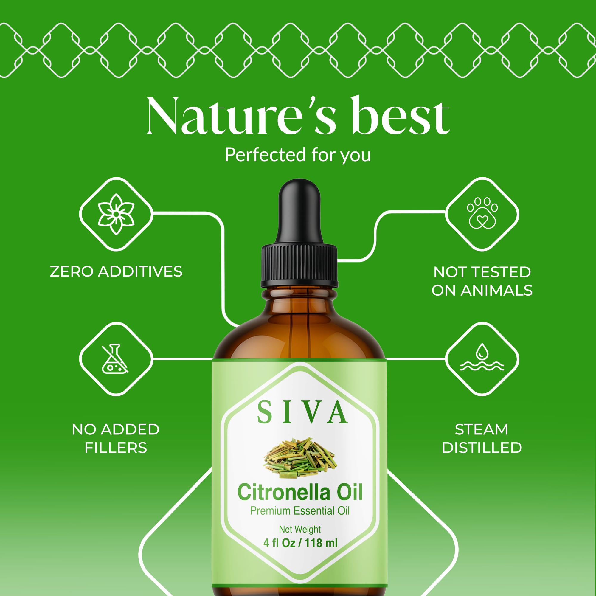 Siva Citronella Essential Oil 4oz - 100% Natural | Diffuser, Skin & Hair Care | With Dropper