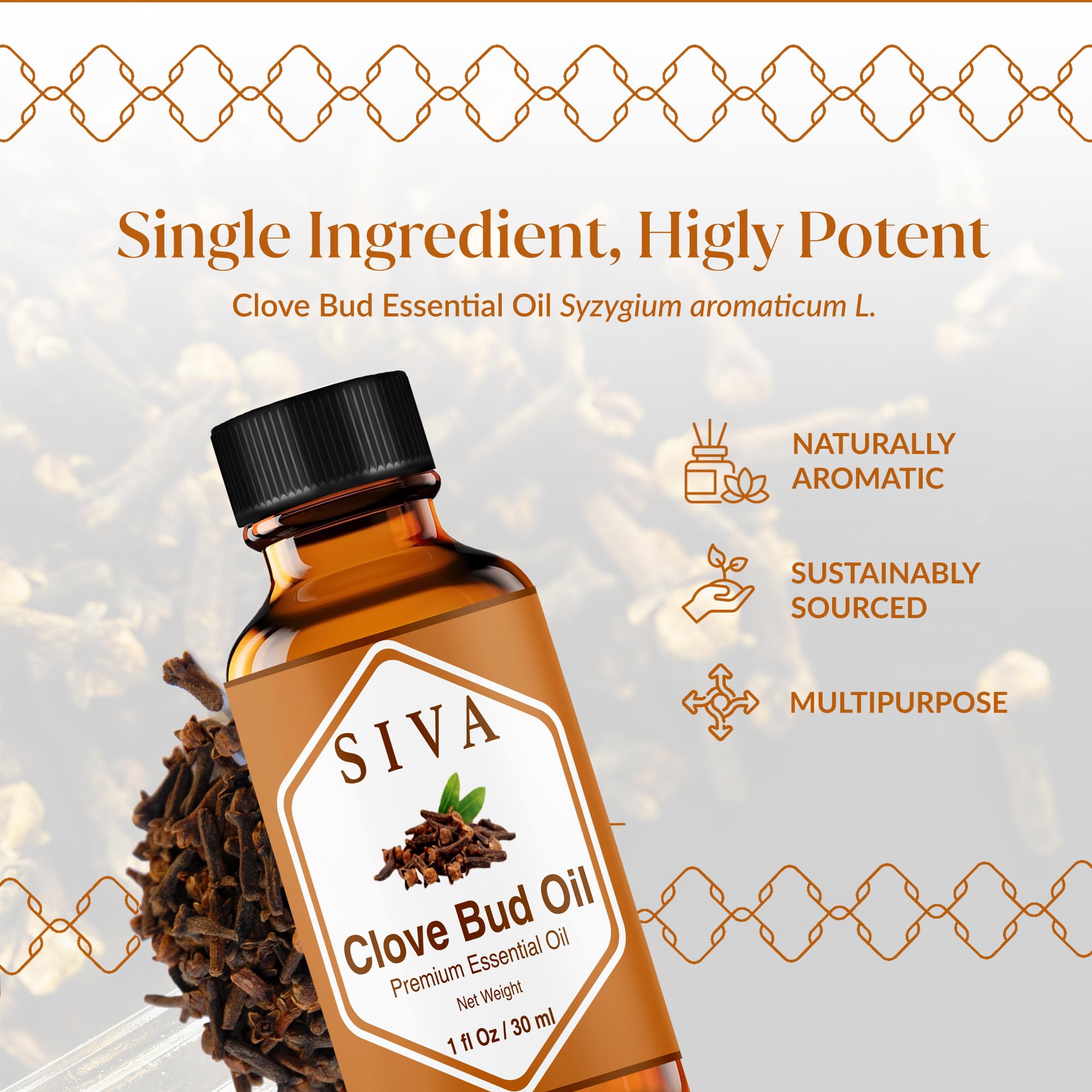 Siva Clove Bud Essential Oil - 1oz | 100% Natural Clove Bud Oil for Diffuser, Skin Care, Aromatherapy, Hair Care, Scalp & Body Massage - With Dropper