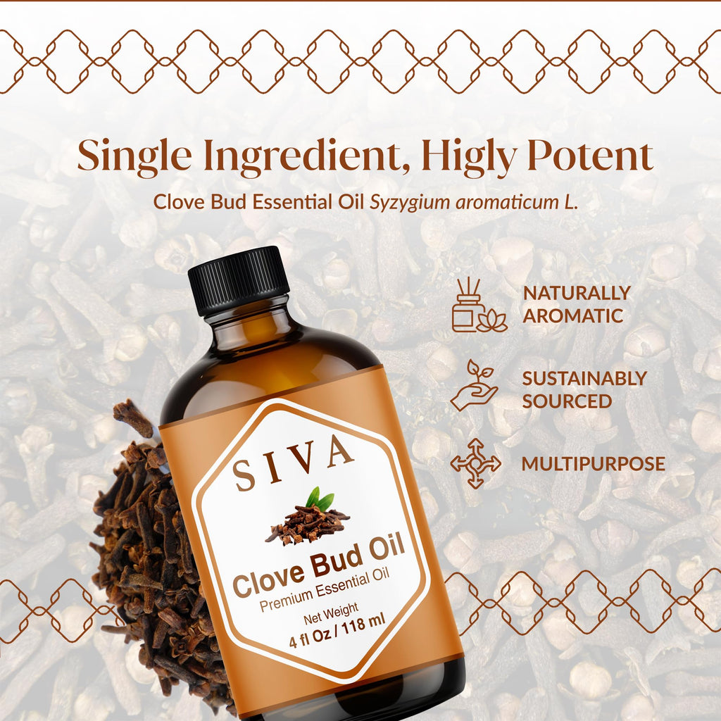 Siva Clove Bud Essential Oil – 4 Fl Oz | 100% Natural Clove Oil with Dropper