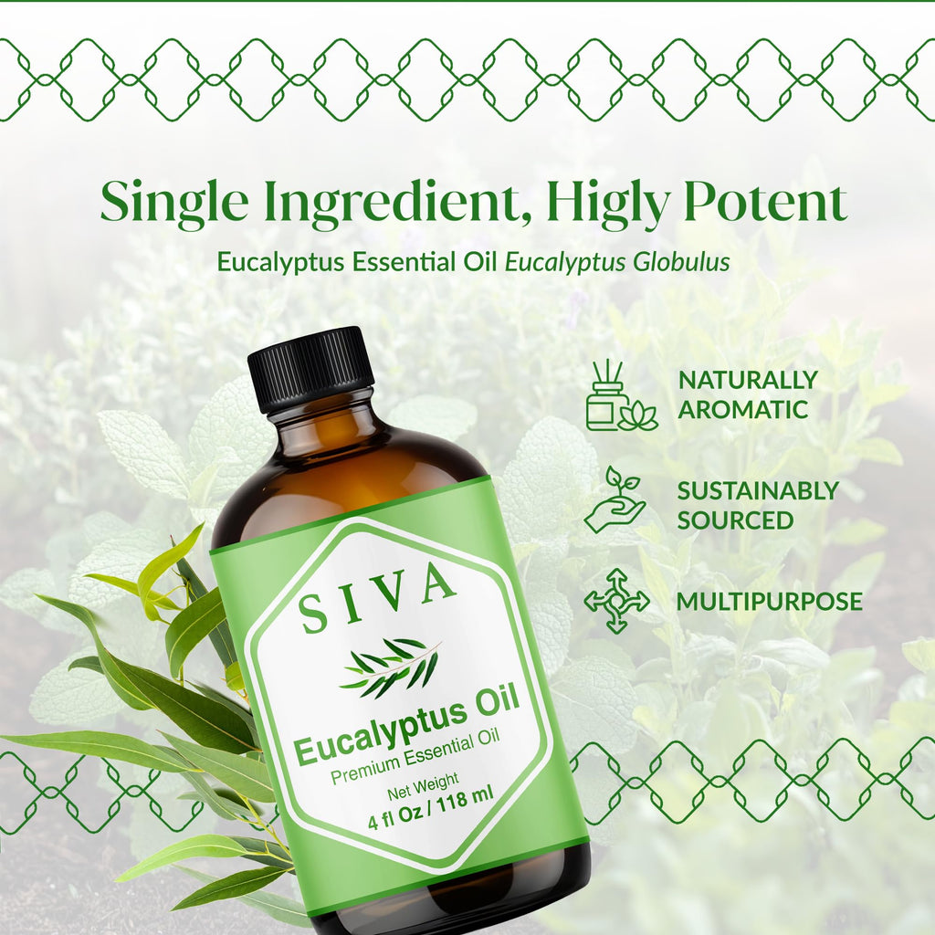 Siva Eucalyptus Essential Oil - 4 Fl Oz | 100% Natural, Diffuser & Aromatherapy (Dropper)