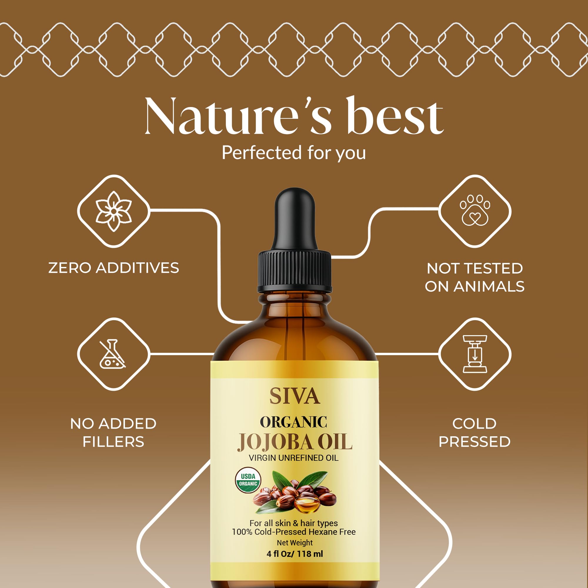 Siva Jojoba Organic Oil 4oz (118ml) – Cold-Pressed, 100% Natural Carrier Oil with Dropper