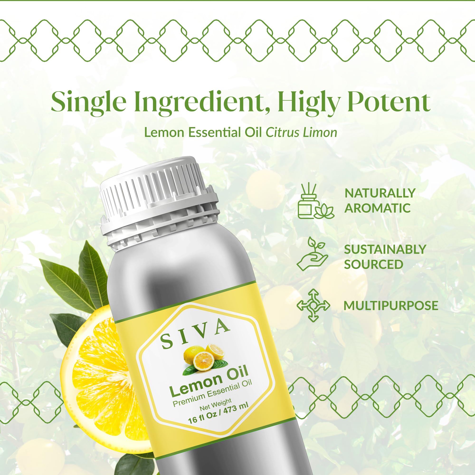 Siva Lemon Essential Oil 16oz – 100% Natural for Diffuser, Hair & Skin Care