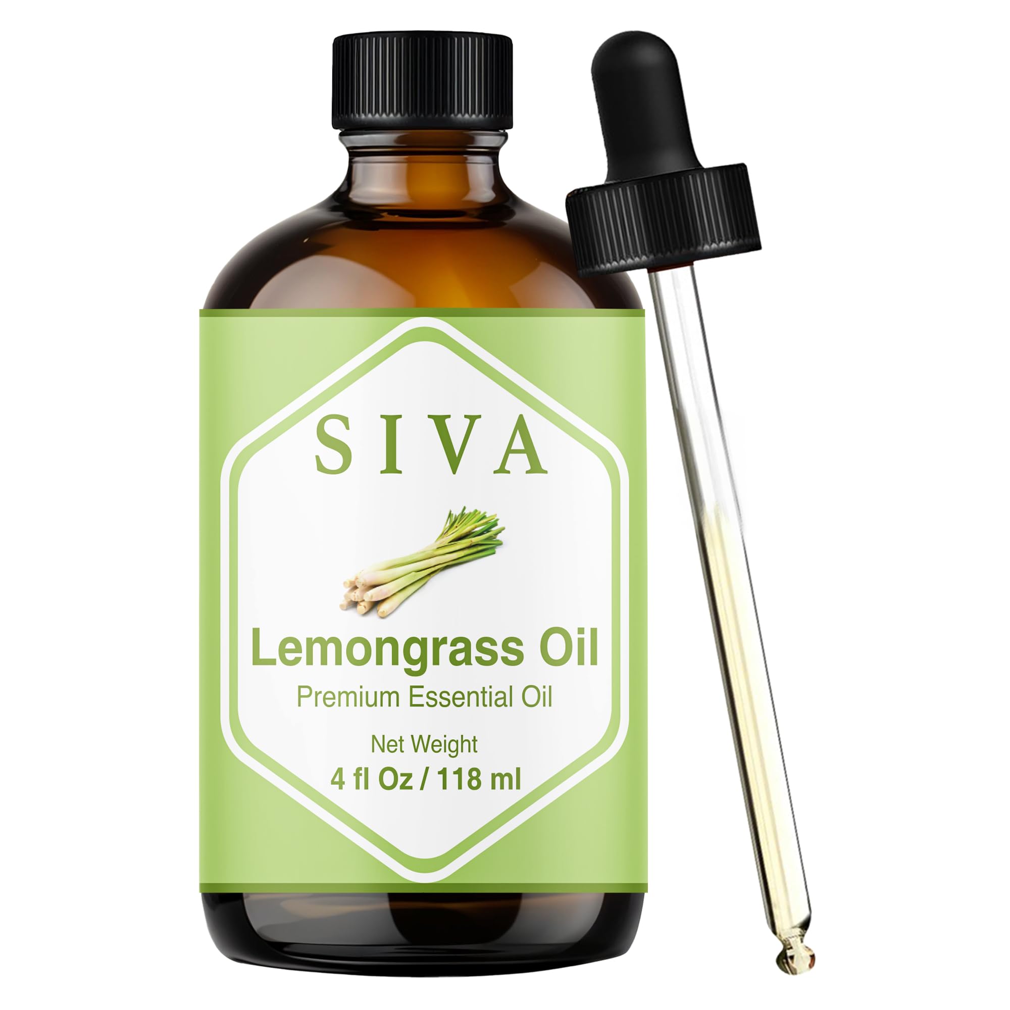 Siva Lemongrass Essential Oil - 4 Fl Oz – 100% Natural Lemongrass Oil - for Diffuser, Face, Skin Care, Aromatherapy, Hair Care, Scalp and Body Massage - with Dropper