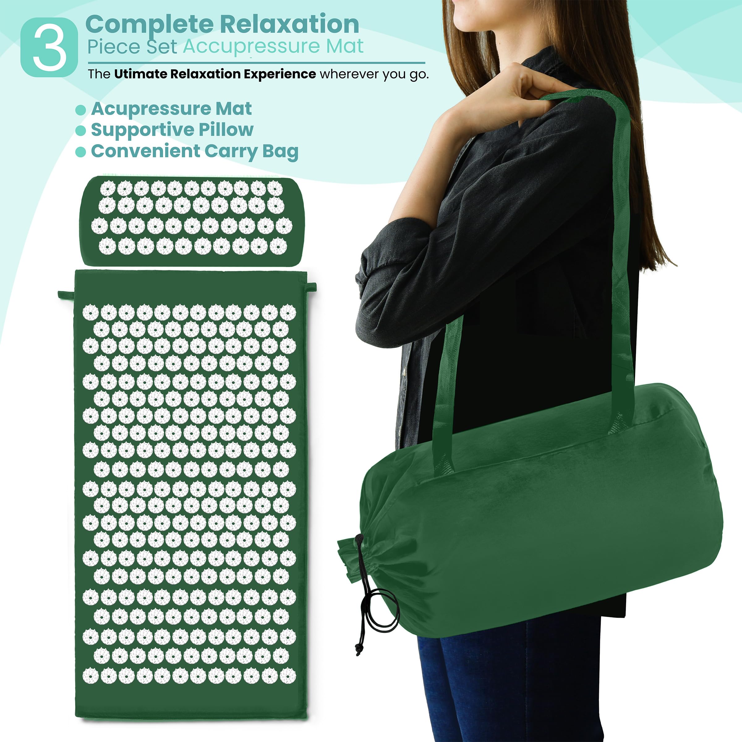 Sivan Back & Neck Pain Relief Acupressure Mat & Pillow Set – Green