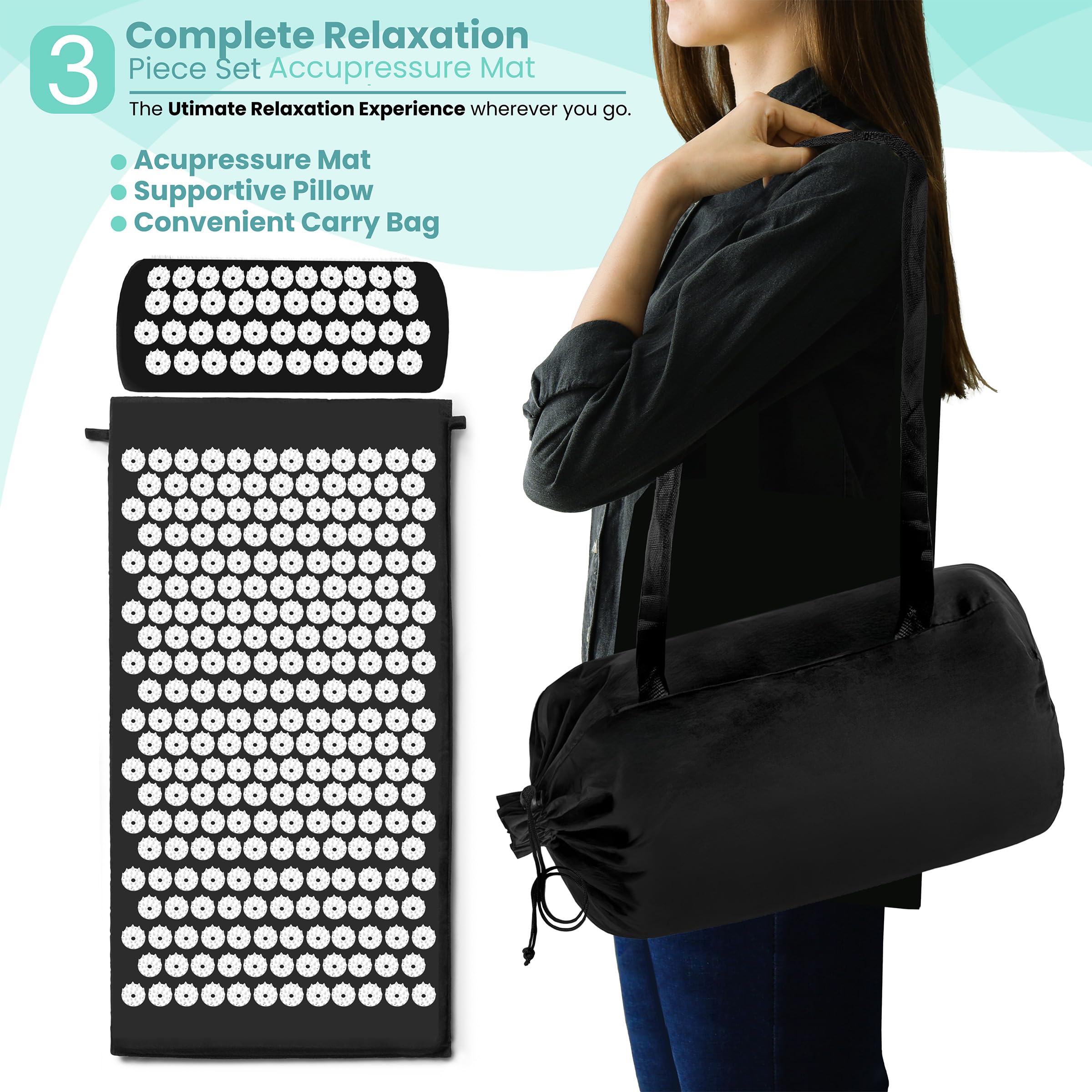Sivan Back & Neck Pain Relief Acupressure Mat & Pillow Set - Black