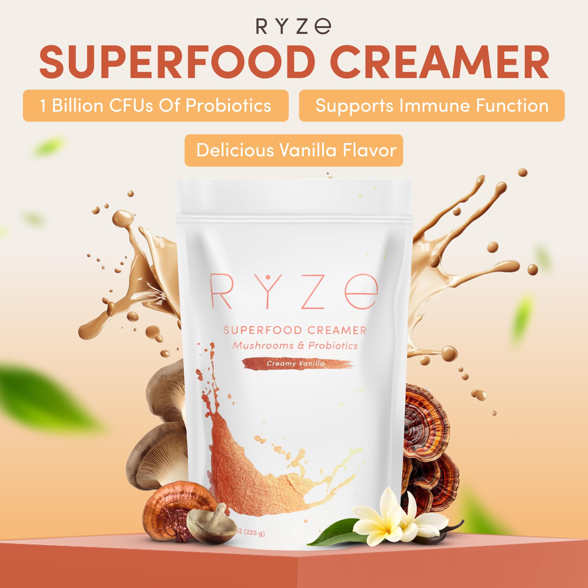 RYZE n Shine Bundle – USDA Organic Mushroom Coffee + Probiotic Creamer | 6 Adaptogenic Mushrooms, MCT Oil, 30+30 Servings