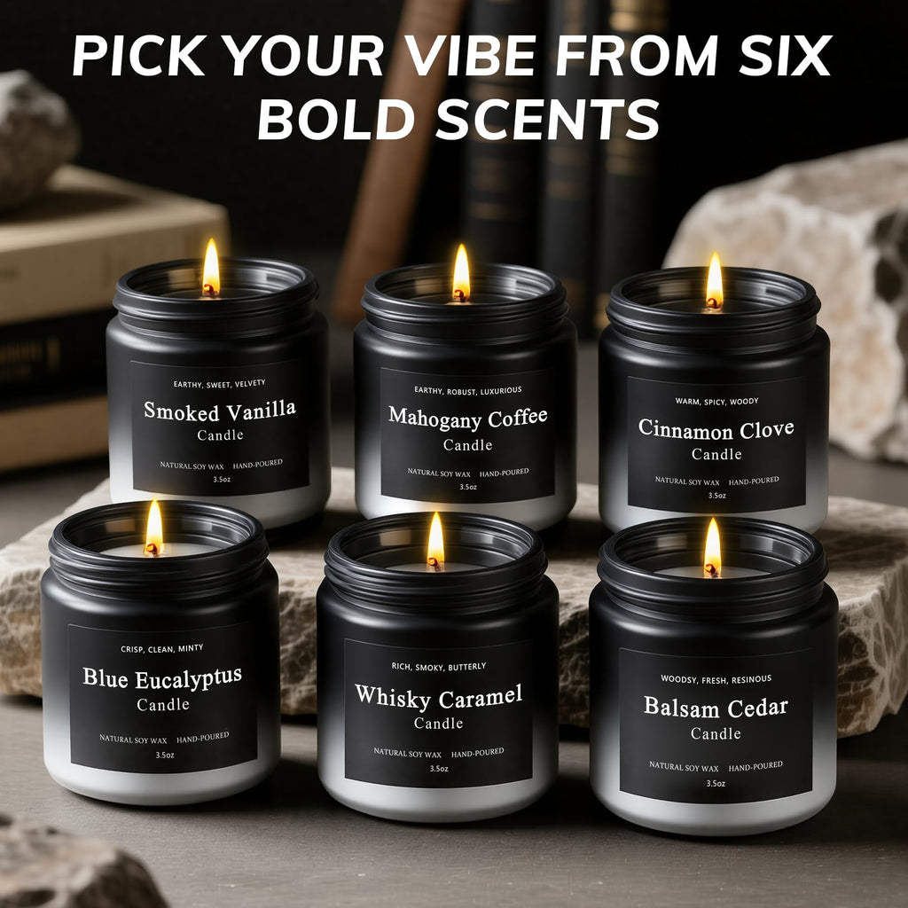 6 Pack Men Candles – Soy Wax, 200-Hour Long Lasting Gift Set