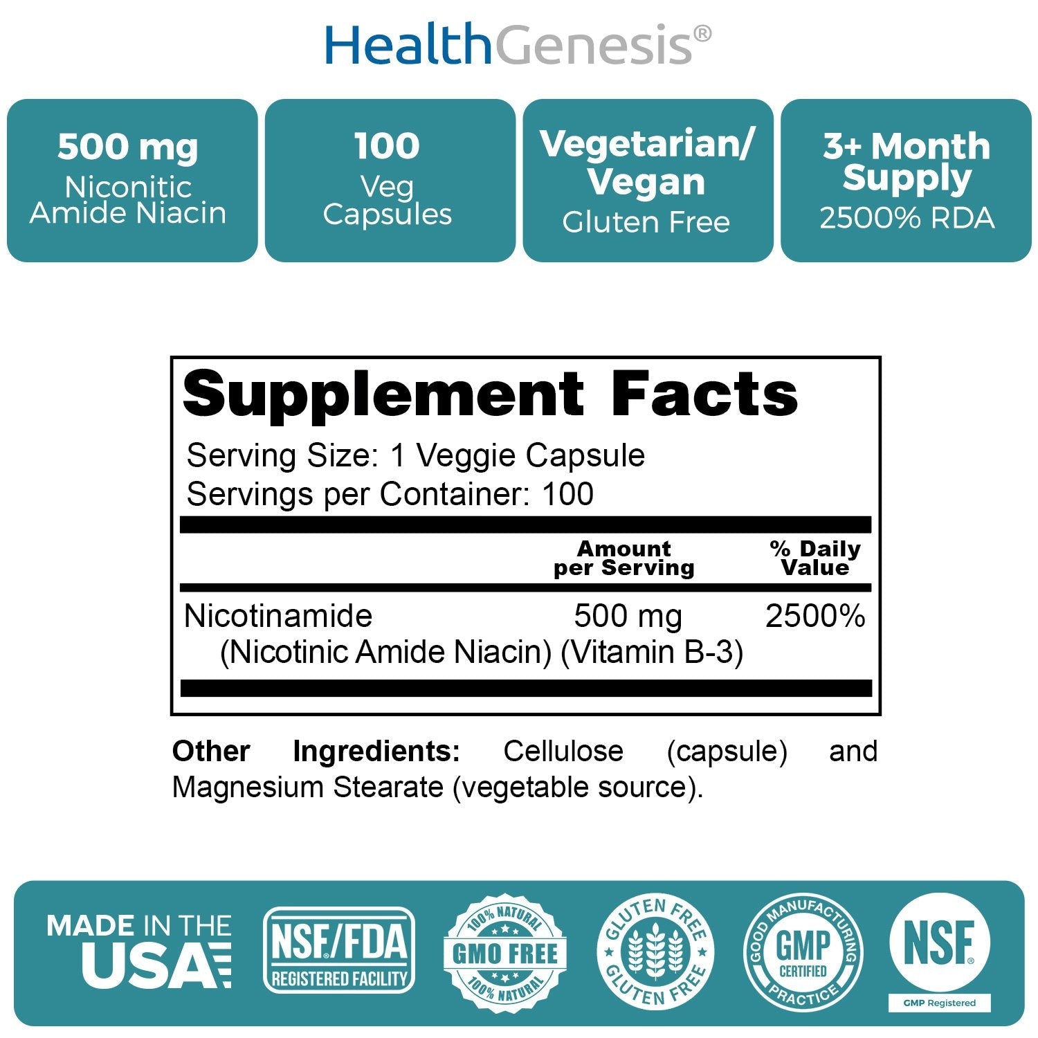 B-3 Nicotinamide 500 mg - 100 Vcaps | Flush-Free Niacin for Skin Cell Health