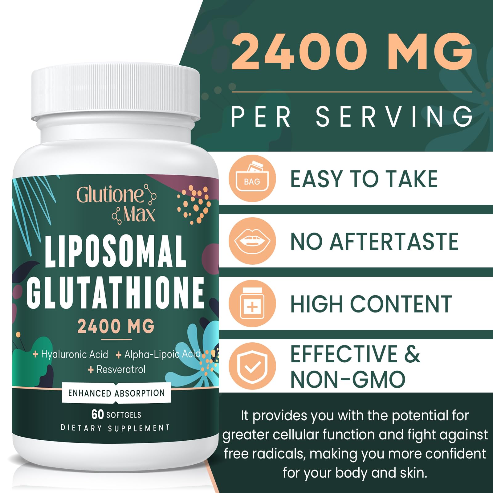 8-in-1 Liposomal Glutathione 2400 MG | High Absorption Antioxidant Formula – 180 Softgels