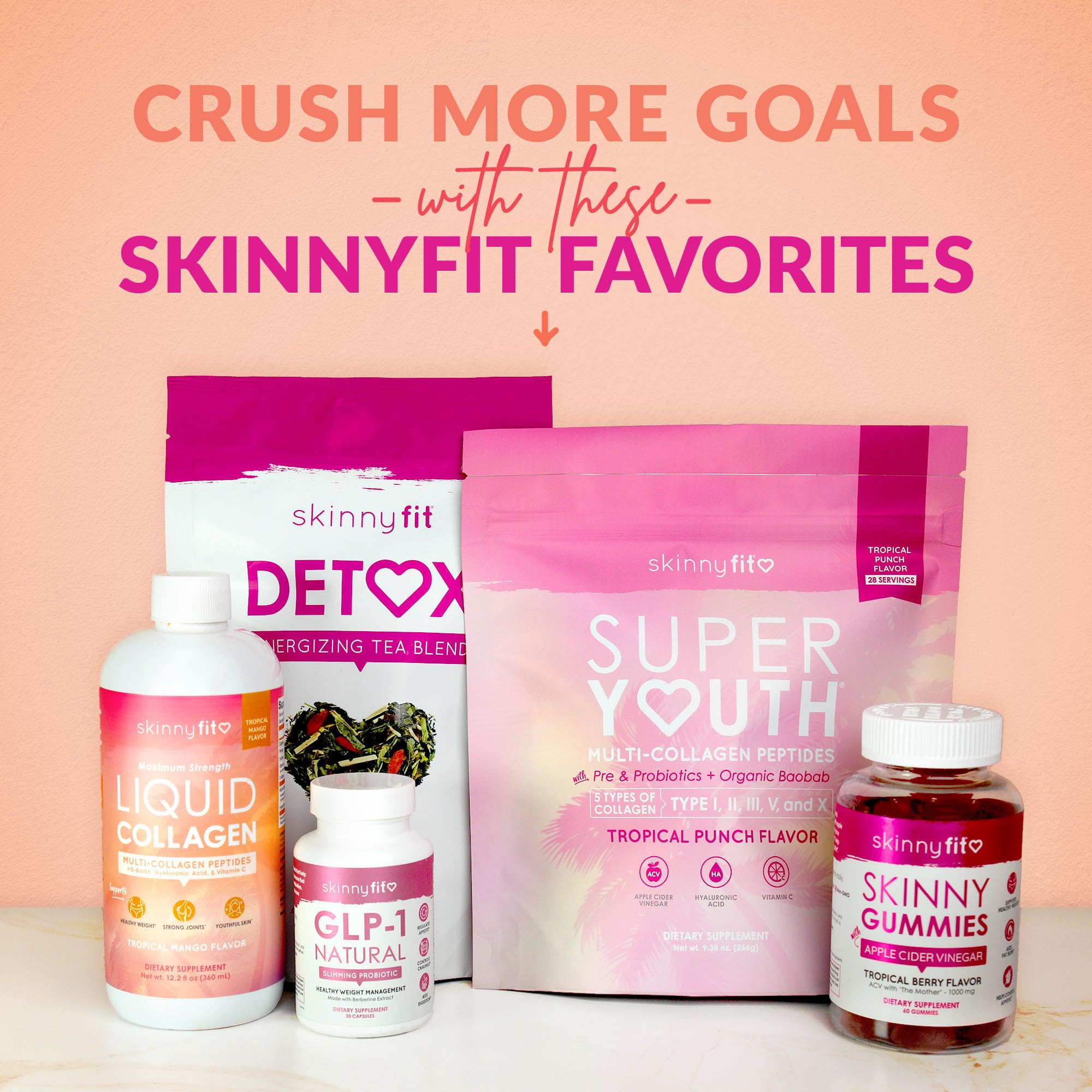 SkinnyFit Super Youth Collagen for Women - Peach Mango, 28 Servings | Multi-Collagen, Probiotics & Hyaluronic Acid