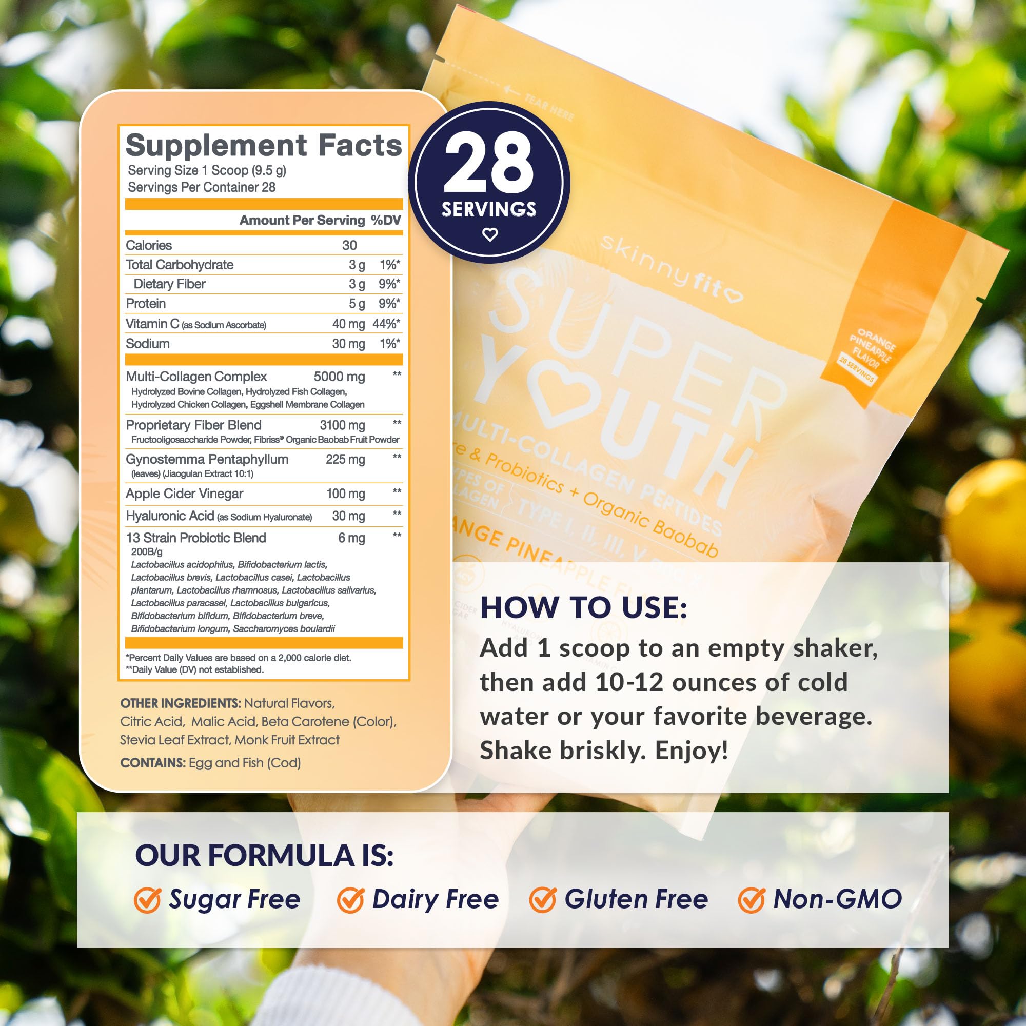 SkinnyFit Super Youth Collagen for Women - Multi-Collagen Peptides Powder with Probiotics, Fiber & Hyaluronic Acid | Orange Pineapple, 28 Servings
