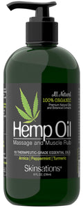 Skinsations Hemp Massage Oil & Sore Muscle Rub – Organic, 10 Essential Oils