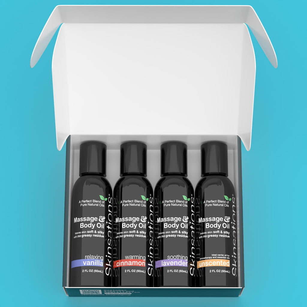 Skinsations Massage Oil Kit (Set of 4): Unscented, Vanilla, Cinnamon & Lavender - Travel Size