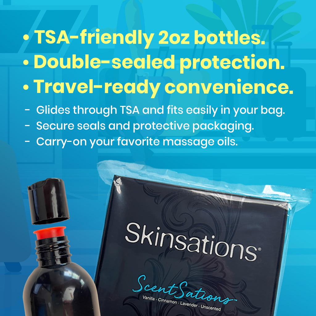 Skinsations Massage Oil Kit (Set of 4): Unscented, Vanilla, Cinnamon & Lavender - Travel Size