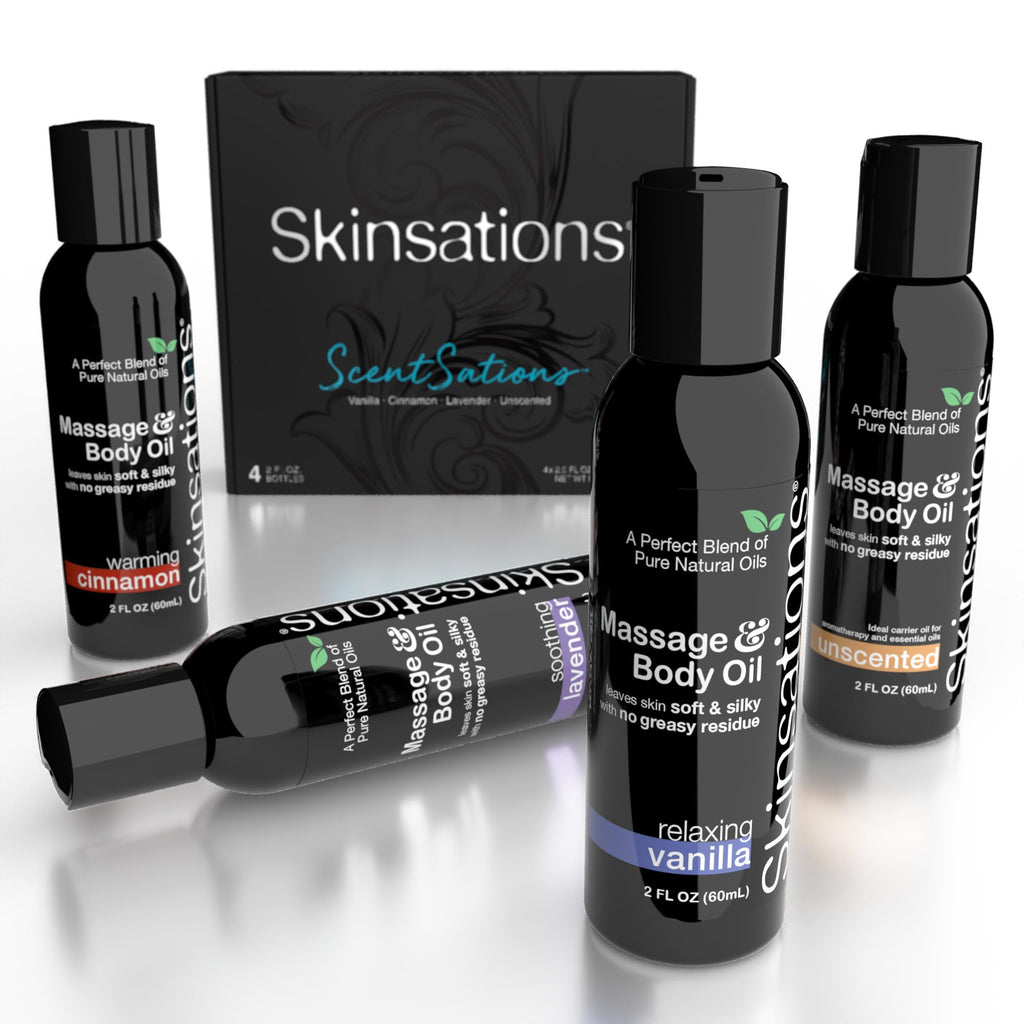 Skinsations Massage Oil Kit (Set of 4): Unscented, Vanilla, Cinnamon & Lavender - Travel Size