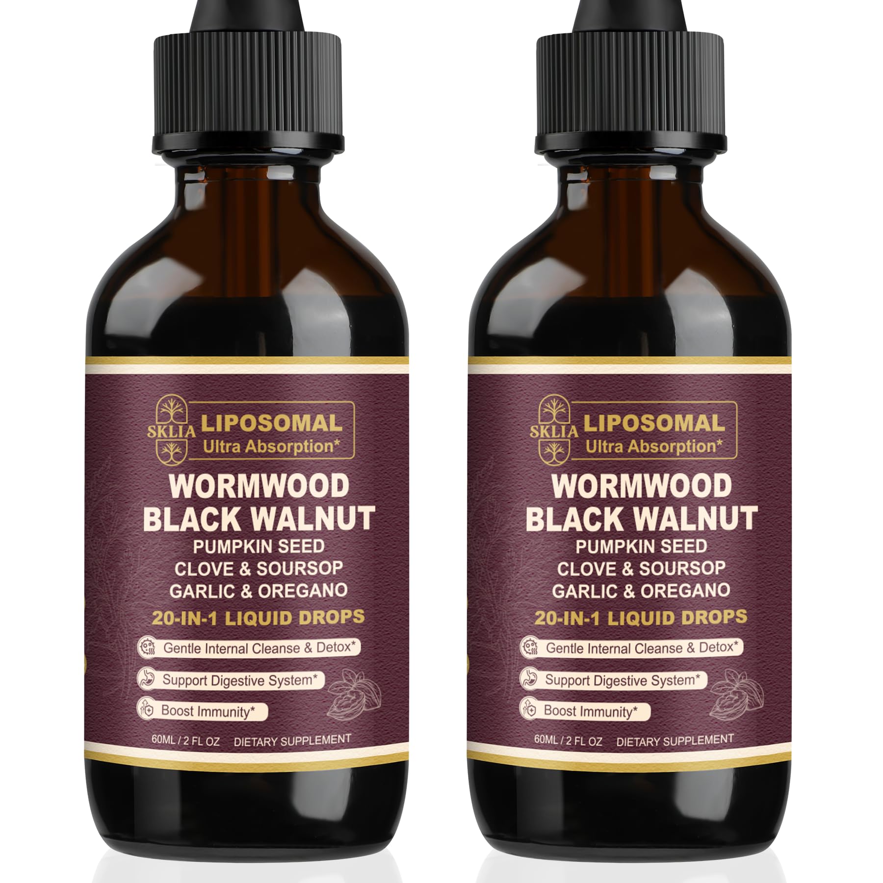 SKLIA 20-in-1 Liposomal Wormwood Cleanse Drops – Rapid Gut Cleanse & Digestive Support (2P)