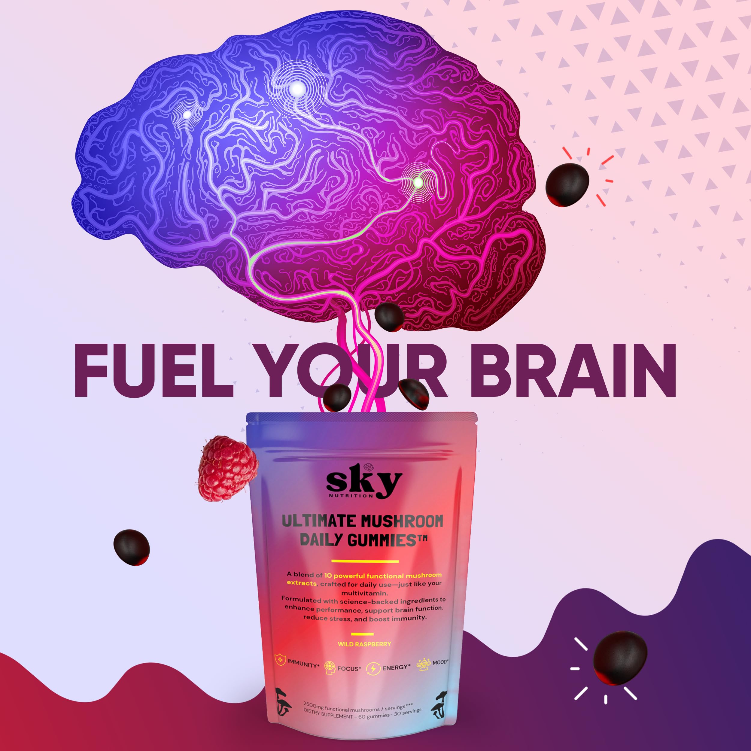 SKY NUTRITION Mushroom Gummies - 10-in-1 Focus & Brain Support, Raspberry Flavor, 60 Vegan Gummies